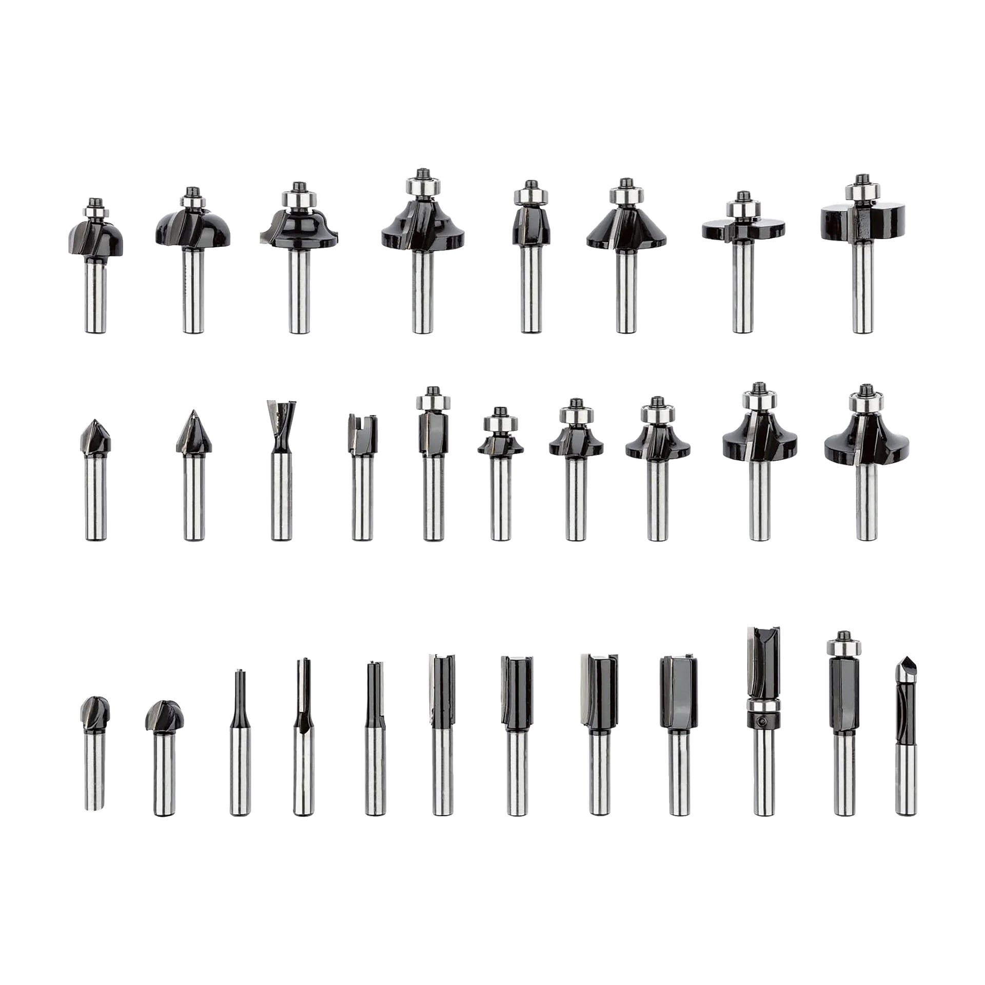 Trettio fräsbitar från Meec Tools, i varierande form och storlek, är prydligt arrangerade i tre rader. Varje borr innehåller en skaft och ett distinkt format skärhuvud för träarbete.