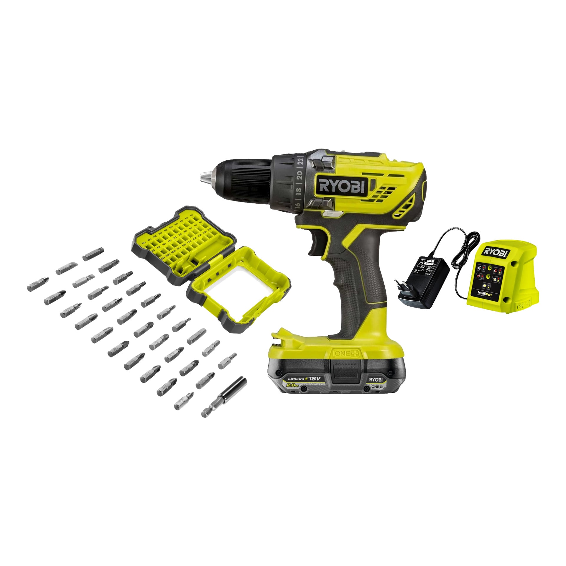 Ryobi One+ Screwdriver R18DD3-1C20GA31J med batteri, laddare, bitset och bärväska.