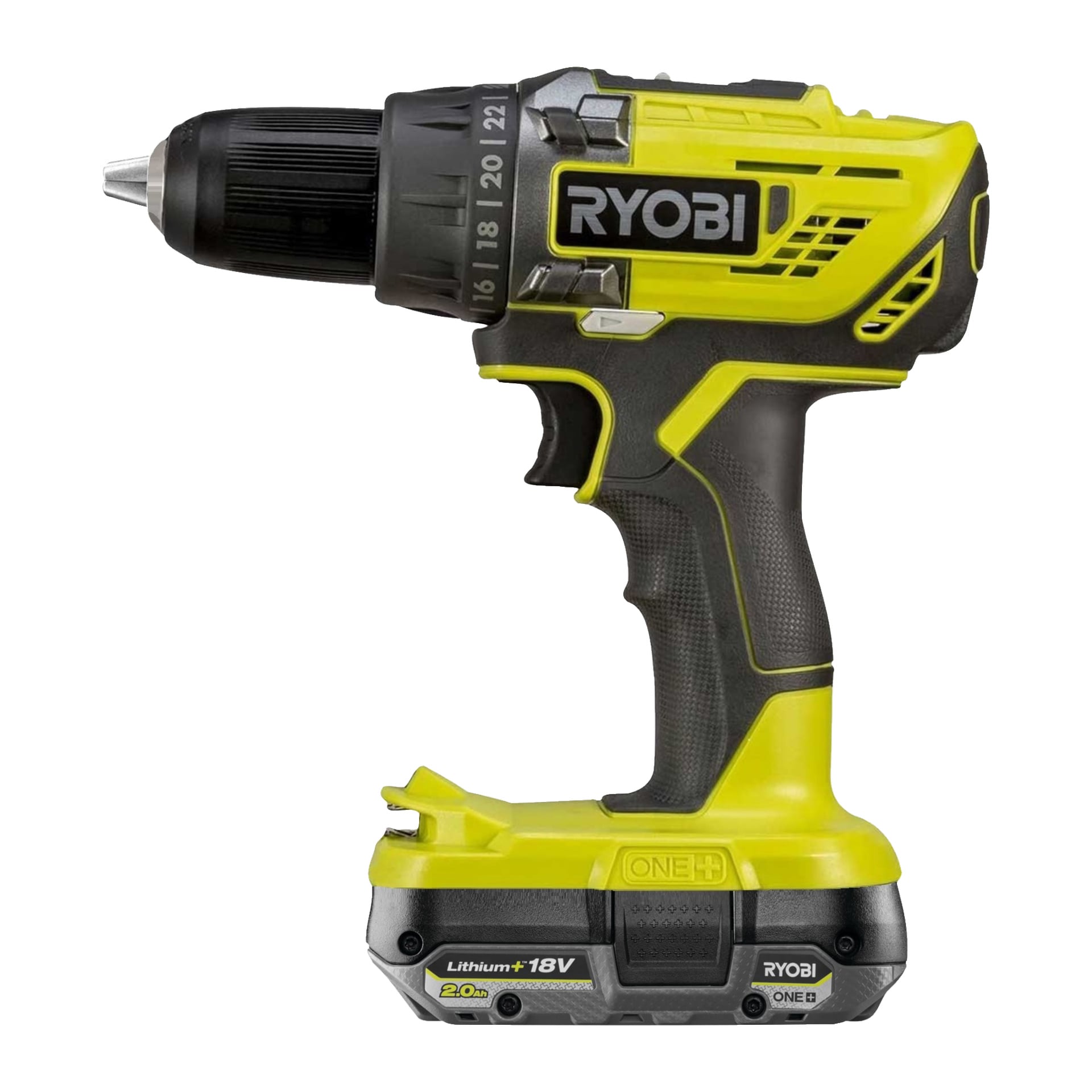 Ryobi One+ skruvmejselset med bitkit och batteri (modell R18DD3-1C20GA31J) visas i svart och livfullt gult, utrustat med ett 18V litiumbatteri och en numrerad variabel hastighetsränna på borrhuvudet.