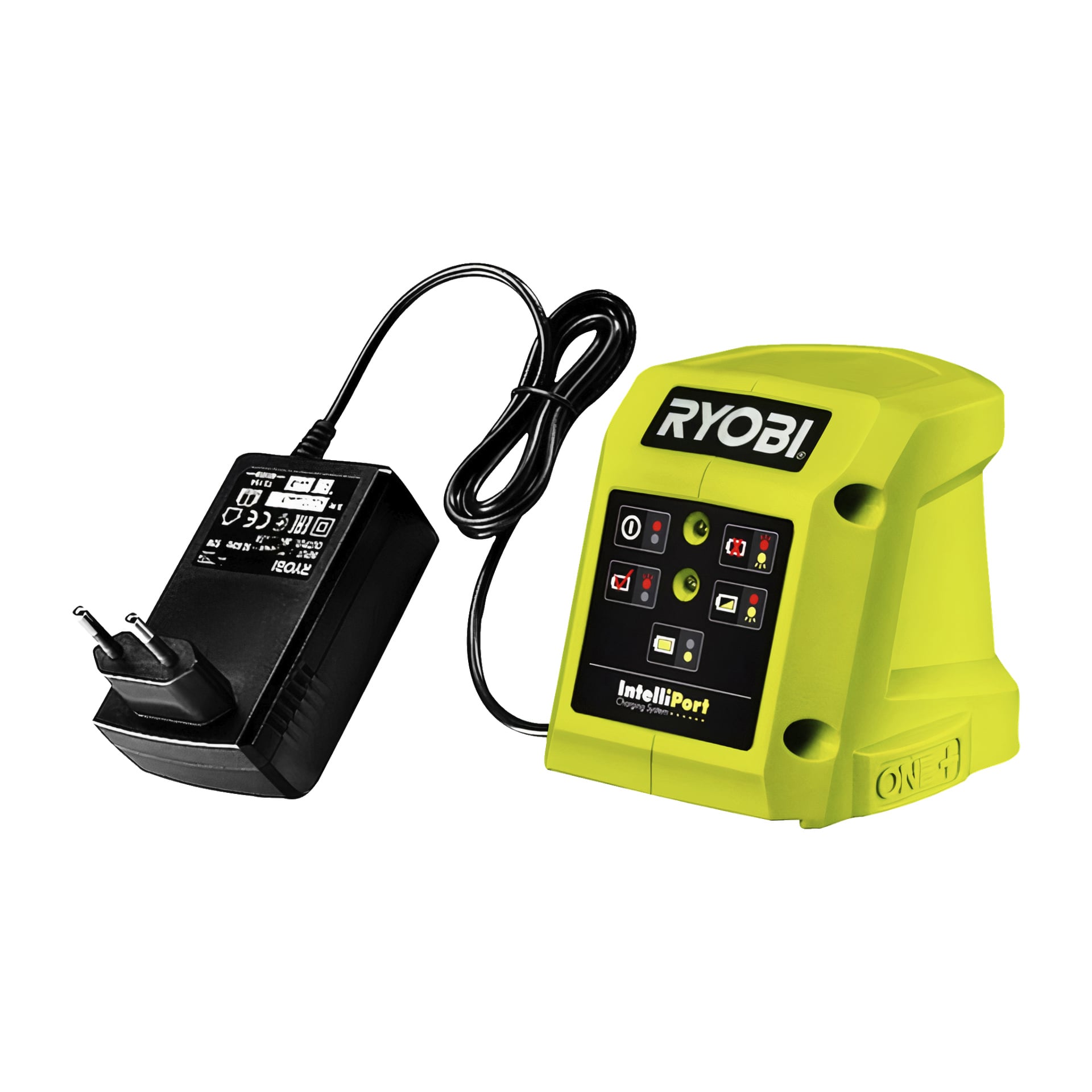 En Ryobi One+ skruvmejsel (modell R18DD3-1C20GA31J) visas tillsammans med dess bitset och batteri. Verktyget visar en grön och svart färgskala, framhävd av tydliga strömbrytare och indikatorlampor på kroppen. En svart laddningskabel kopplar skruvmejseln till batteriet.