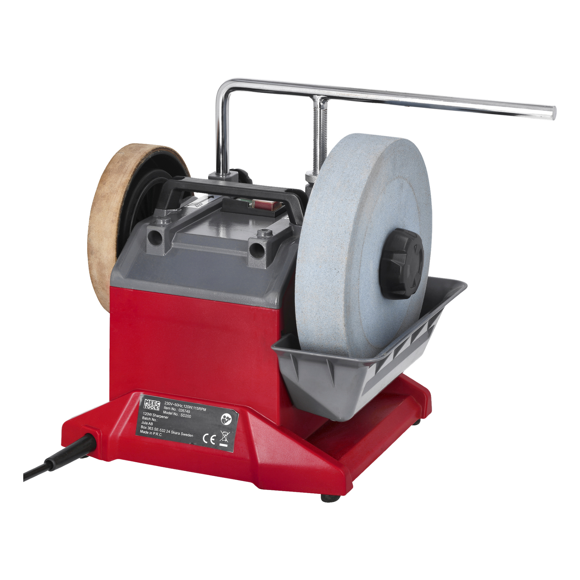 En rød og grå Meec Tools våtslipemaskin med en slipestein i den ene enden og et lærslipehjul i den andre, utstyrt med et avtakbart vannbrett og en metallstyrestang montert over.