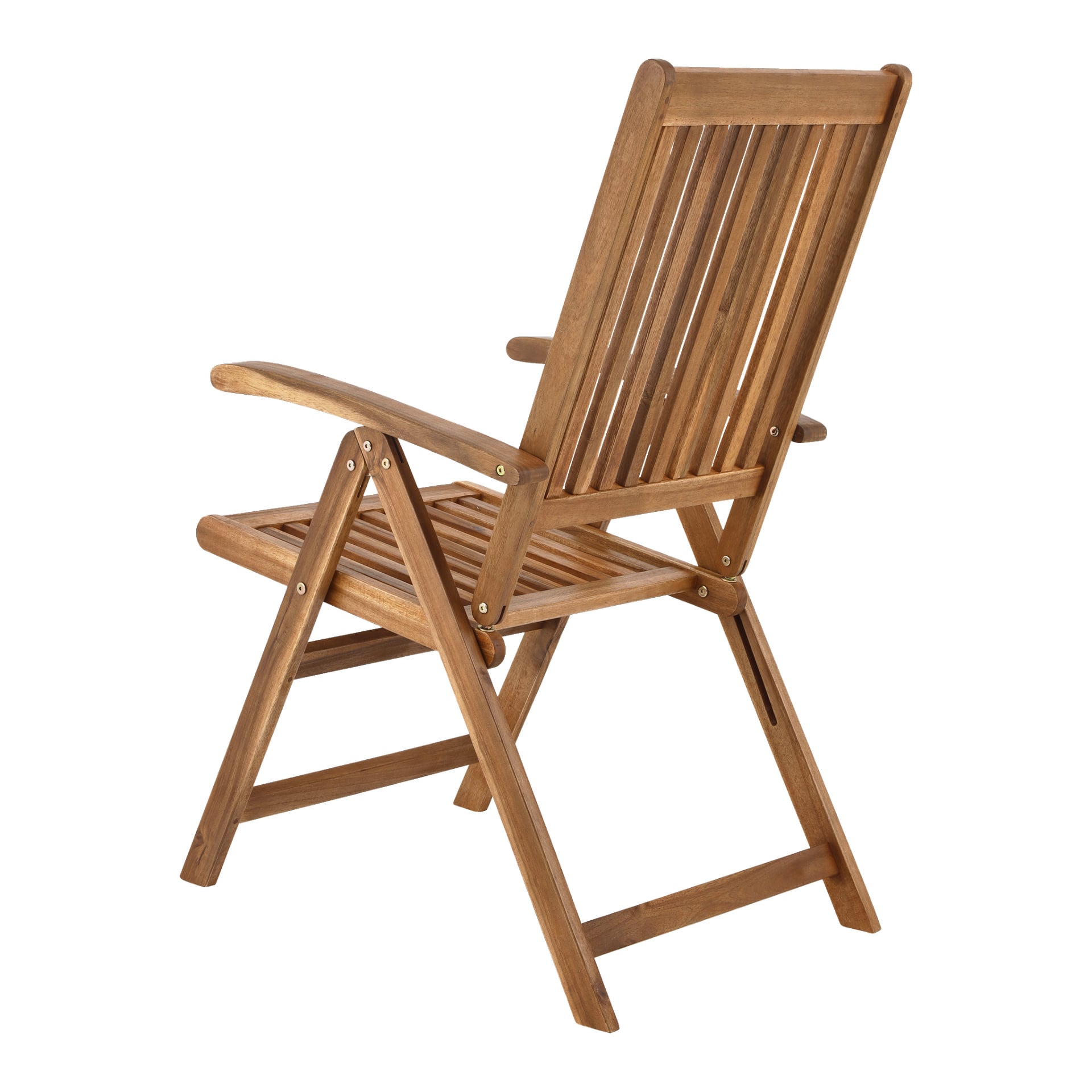 Bilden visar en EKVAP hopfällbar justerbar stol placerad i en vinkel, vilket framhäver dess ribbade rygg, säte och armstöd. Designen är minimalistisk och praktisk, med gångjärn och beslag tydligt synliga.