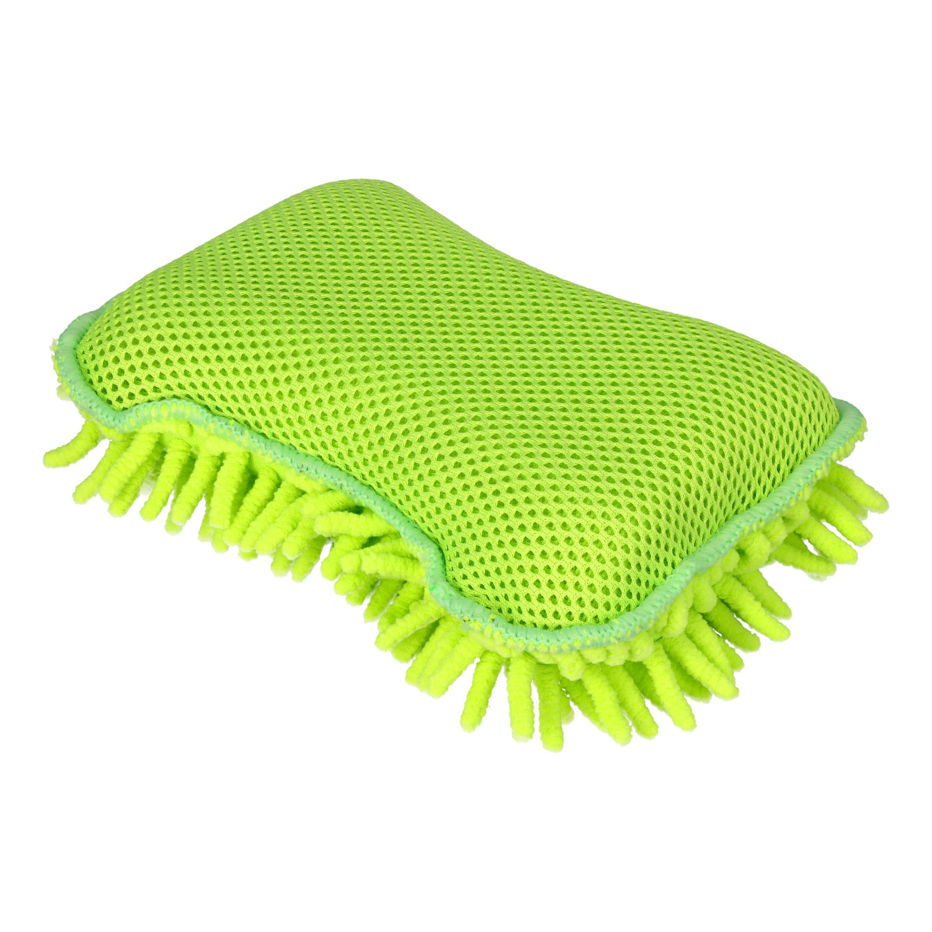 Hamron Microfibre Sponge är ett rektangulärt, klargrönt rengöringstillbehör med en texturerad mesh-ovansida och mjuka, fransliknande mikrofibertrådar som kantar dess kanter.
