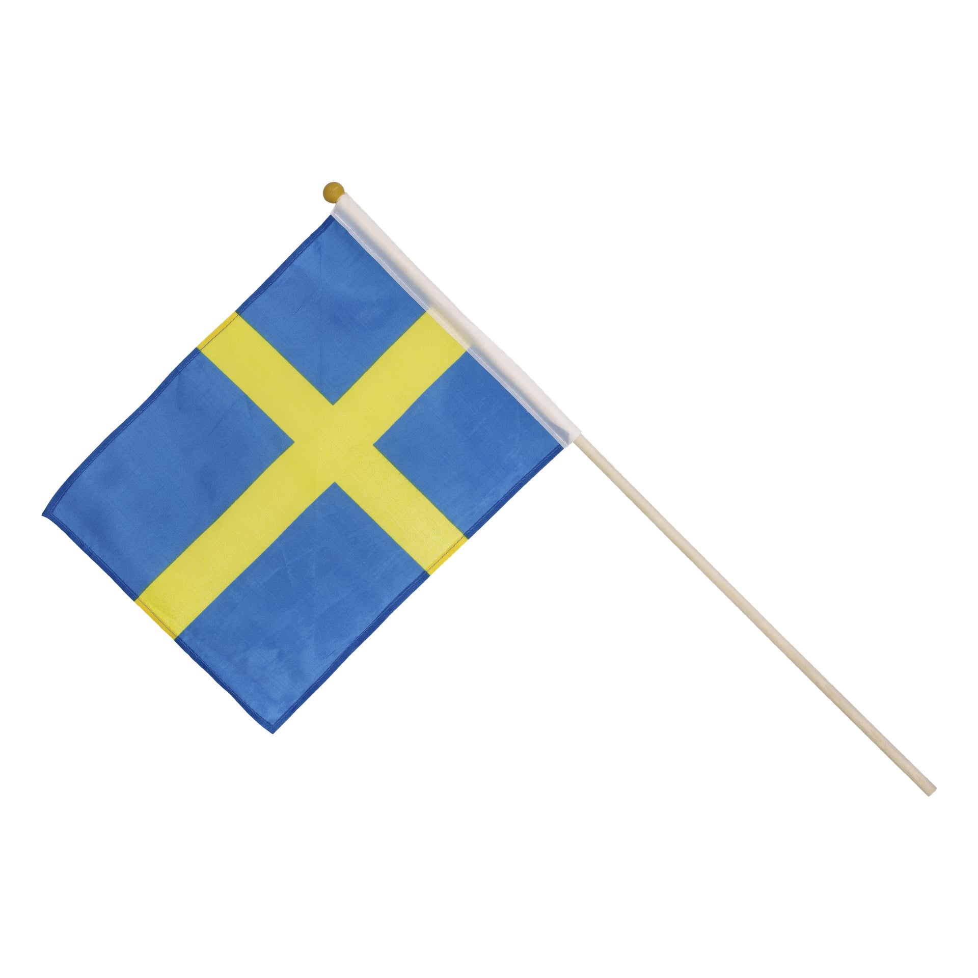 En liten svensk flagga med ett gult kors på blå bakgrund är fäst på en pinne, upptagen i en vinkel åt höger.