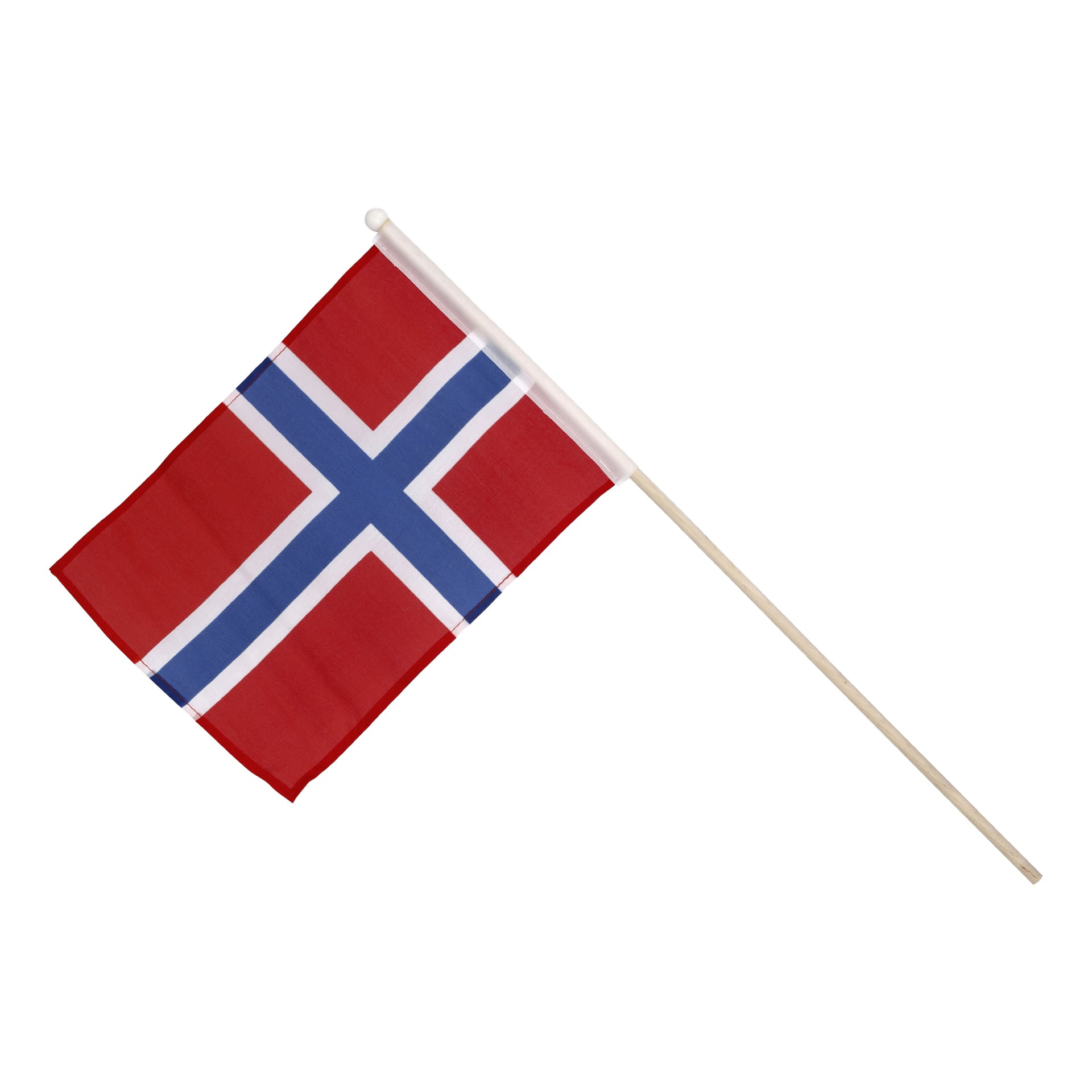 Adela-handhållna flagga har en röd rektangulär bas med ett blått kors kantat i vitt, monterat på en träpinne och markerat i vinkel.