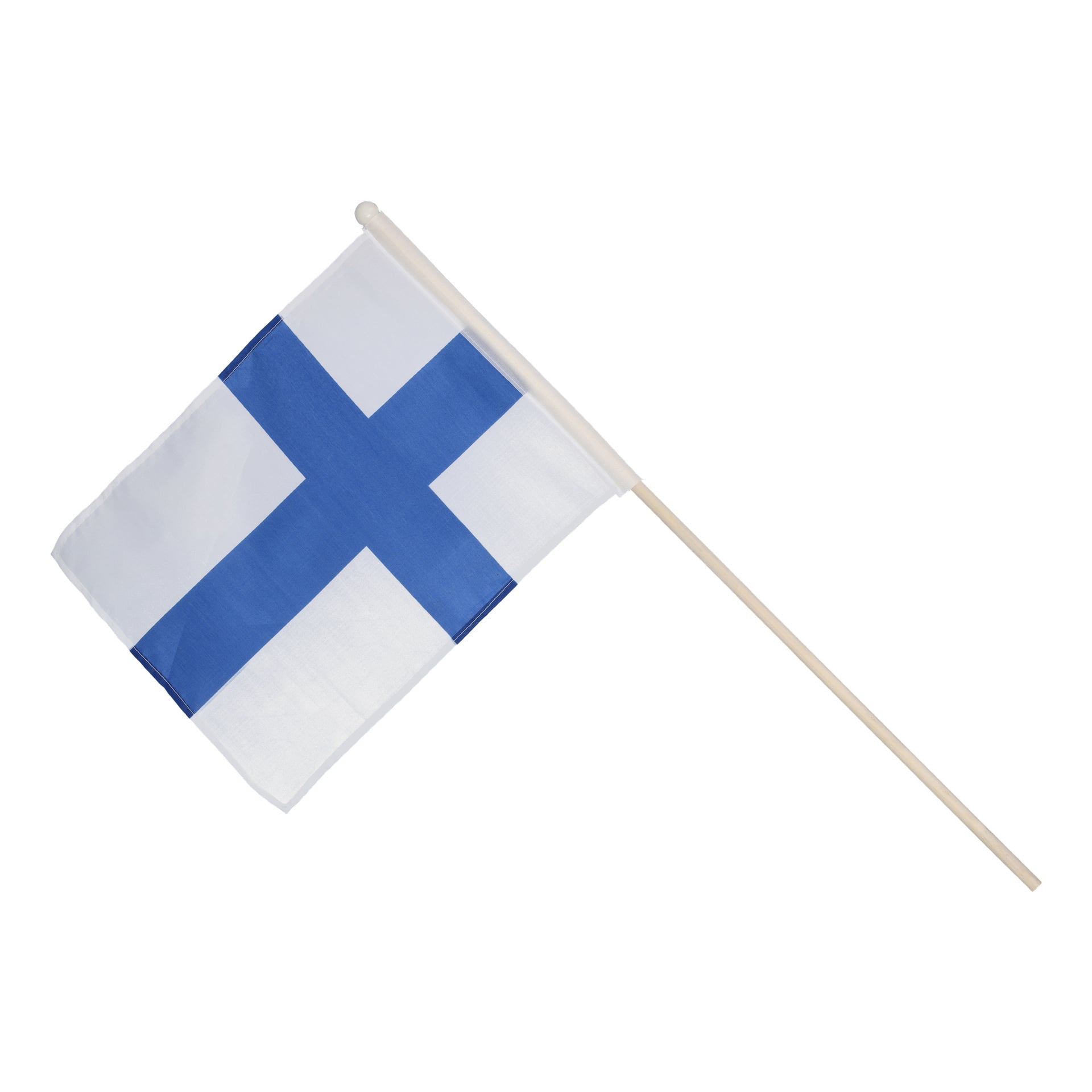 Adela-handhållna flagga har ett blått nordiskt kors på vit bakgrund och är monterad på en träpinne.