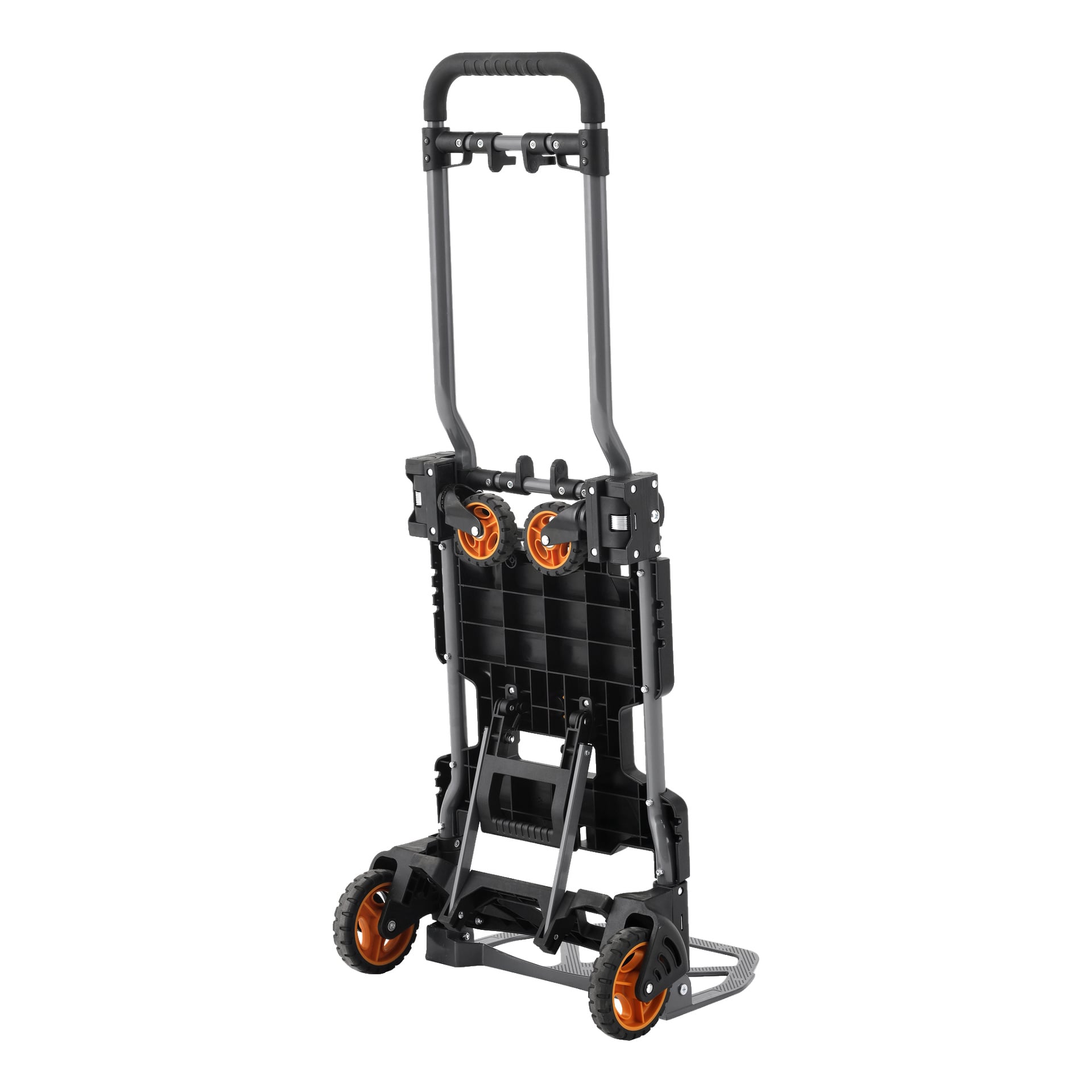 En Hard Head Folding trolley med svart ram, hjul med orange accenter och en hopfällbar tåplatta visas både upprätt och hopfälld.