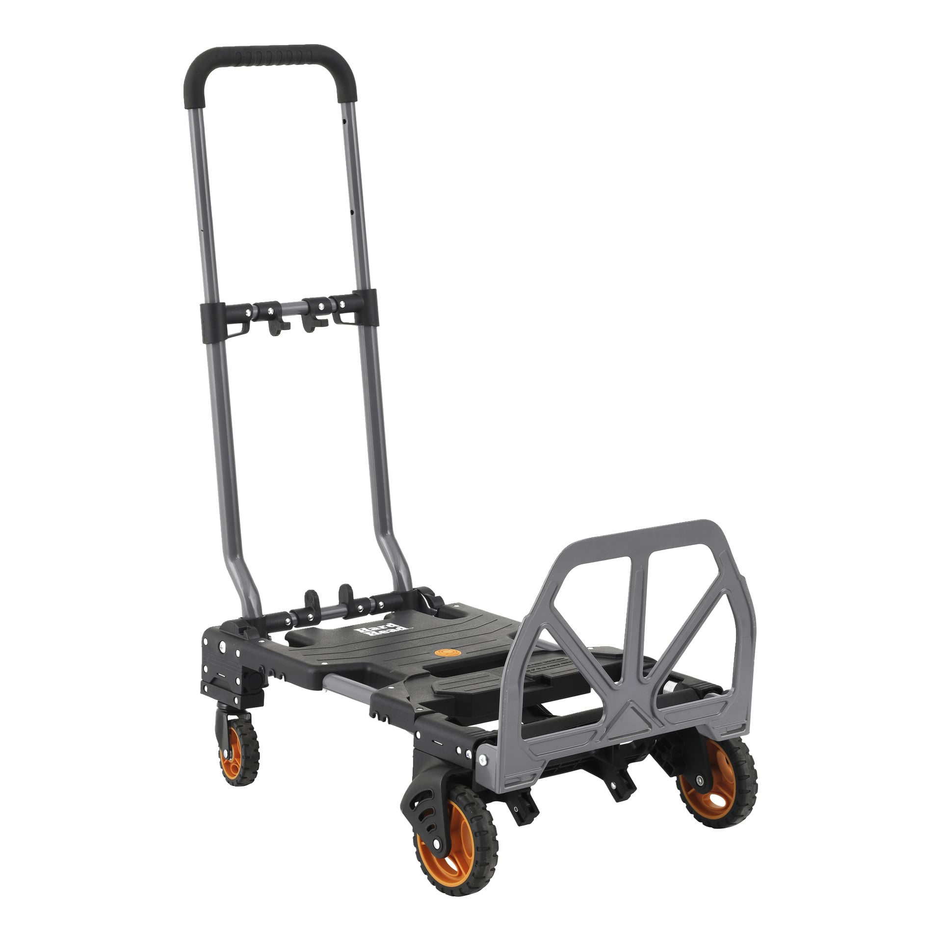 En Hard Head Folding trolley med en hopfällbar svart och grå plattform, justerbart handtag och fyra orange hjul.