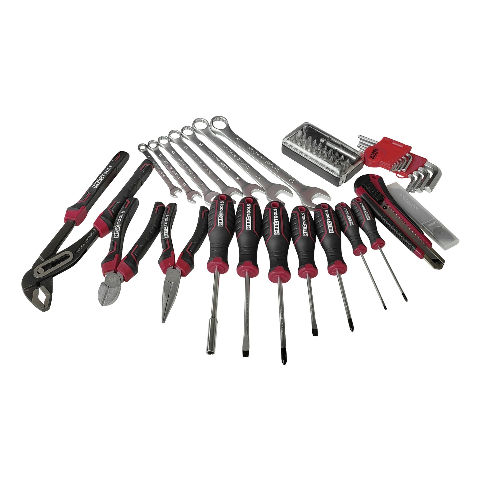 Ett 87-delat verktygsväskset från Meec Tools, inklusive tänger, skruvmejslar, skiftnycklar, inexnycklar, en hobbykniv och olika skruvmejselbitar, allt organiserat i en ordnad layout.