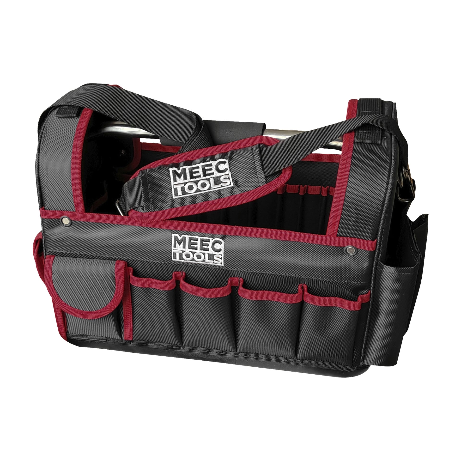 En svart och röd verktygsväska från Meec Tools med 87 delar, utrustad med flera yttre fickor, ett stadigt handtag, axelrem och prydligt ordnade fack för olika verktyg.