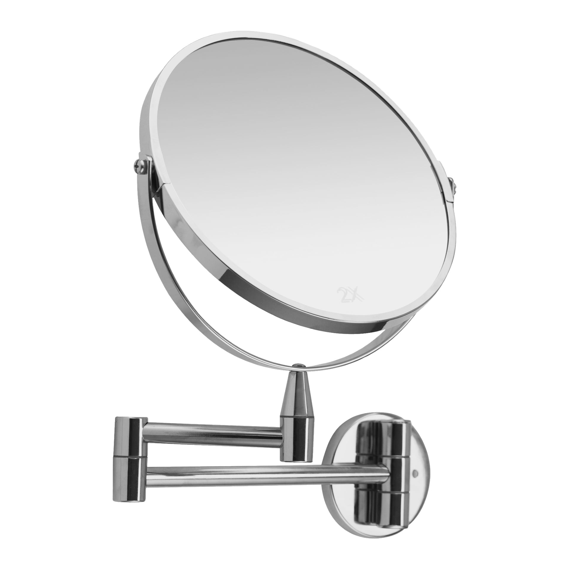 En cirkulär, väggmonterad spegel med kromfinish och utdragbar arm. Den justerbara designen inkluderar en "2x"-markering på ytan för att ange dess förstoringsnivå.