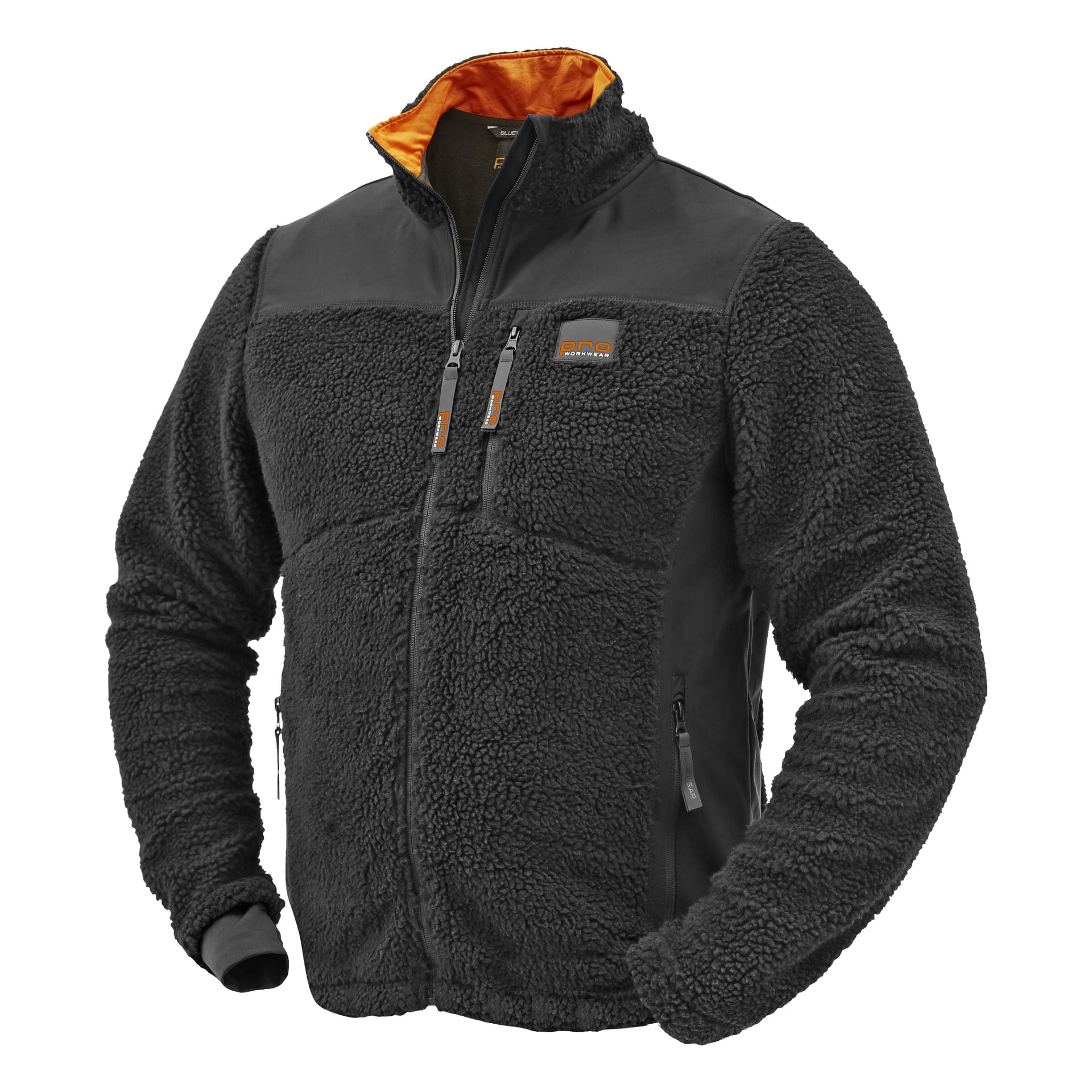 Bluewear Pro Workwear Men's Fibre Fur Jacket har en mjuk svart fleeceyta, en hellång dragkedja fram, två bröstfickor och två sidofickor med dragkedjor, orange foder på insidan och en upphöjd krage för värme och komfort.