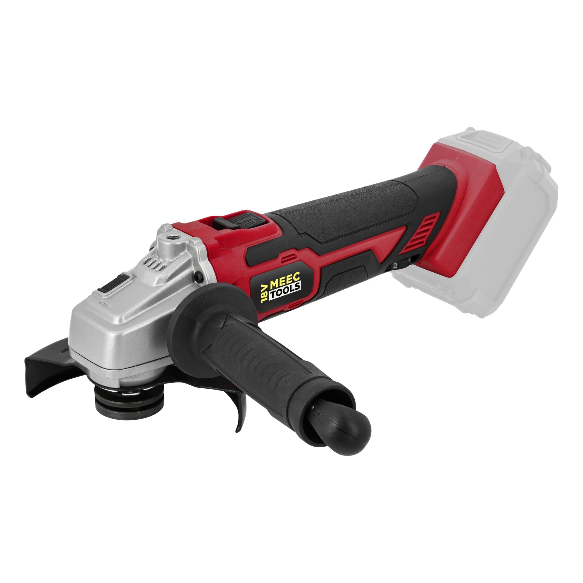 Sladdlös vinkelslip med svart handtag, röd och svart kropp samt ett silverfärgat motorhus. Etiketten på verktyget säger "18V Meec Tools Multiseries Angle Sliper AG-18V HOME 500." Batteriet är inte anslutet.