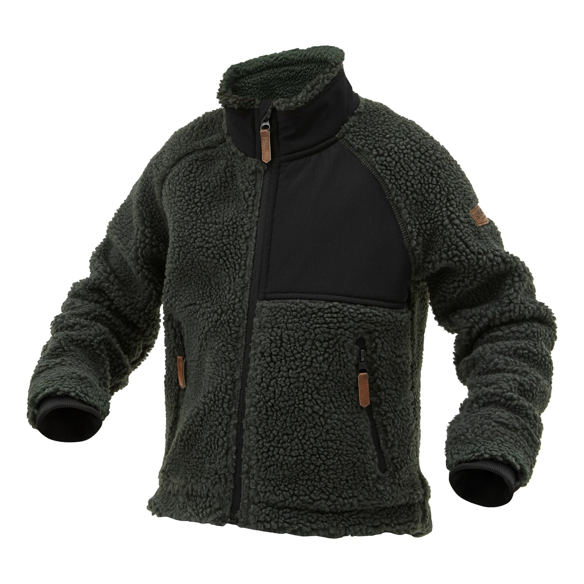 Barns mörkgröna sherpa-fleecejacka från Kayoba Outdoor, med svart tyg på bröst och krage. Funktioner inkluderar dragkedja fram, två sidofickor, en bröstficka med dragkedja, hög krage och långärmade ärmar avslutade med svarta manschetter.