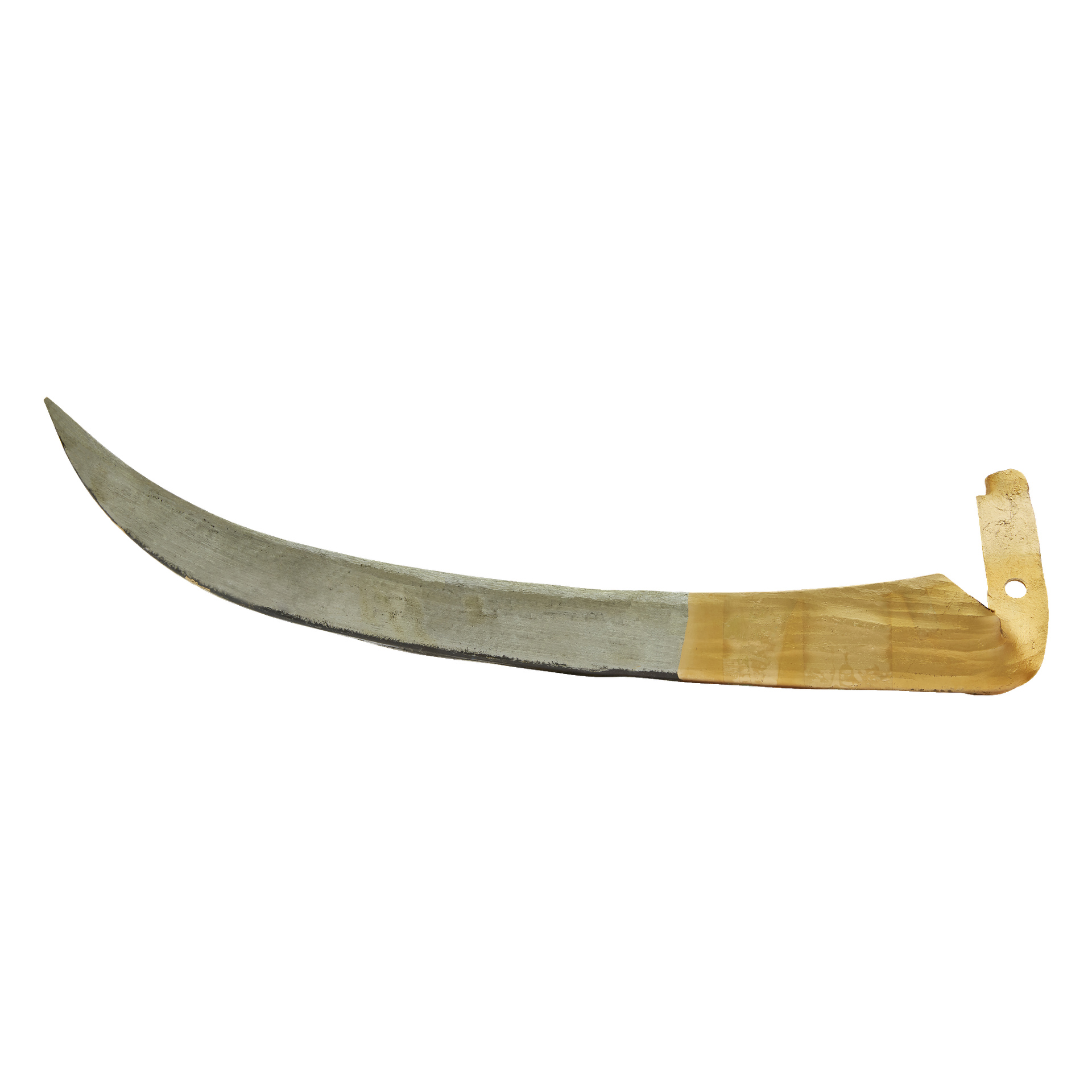 En hård huvudlie med ett böjt, enkeleggat metallblad som slutar i en vass spets, och ett handtag inlindat i slitet ljusbeige material med ett hål nära spetsen.