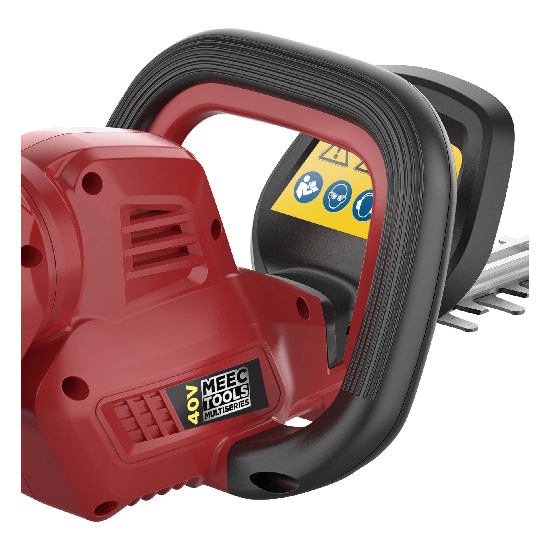 En detaljerad vy av handtaget på en batteridriven häcksax, med en gul och svart displaypanel med varningssymboler och Meec Tools Multiseries 40 V-märkningen på sidan.