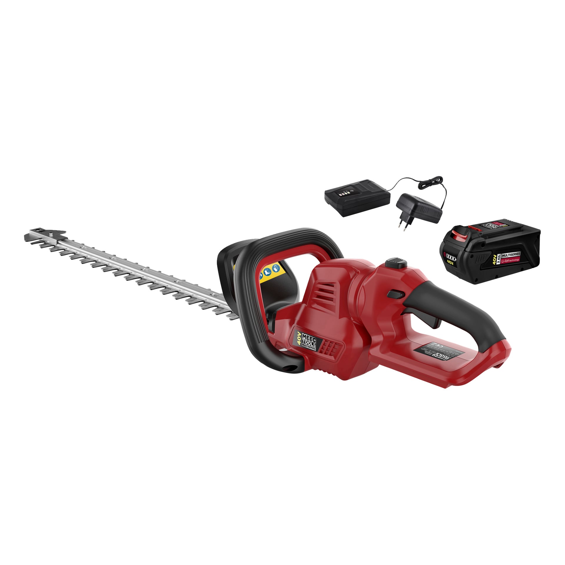 En röd och svart Meec Tools Multiseries 40 V häcksax med ett långt blad visas tillsammans med dess uppladdningsbara batteri, laddare och strömadapter.