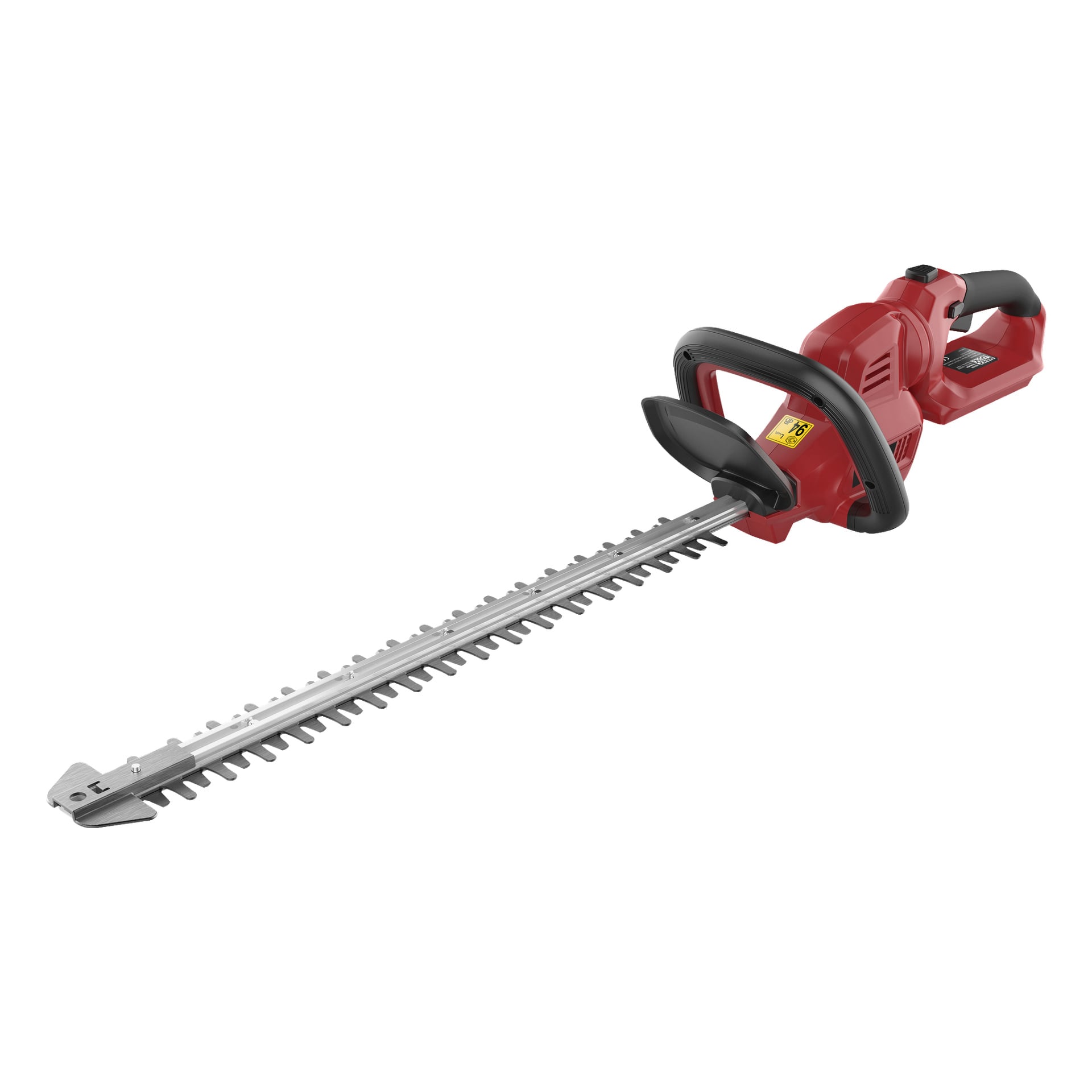 En röd och svart Meec Tools Multiseries 40 V häcksax med ett långt silverklippblad, svart handtag och en skyddsskydd fram, lämplig för att klippa häckar och buskar.