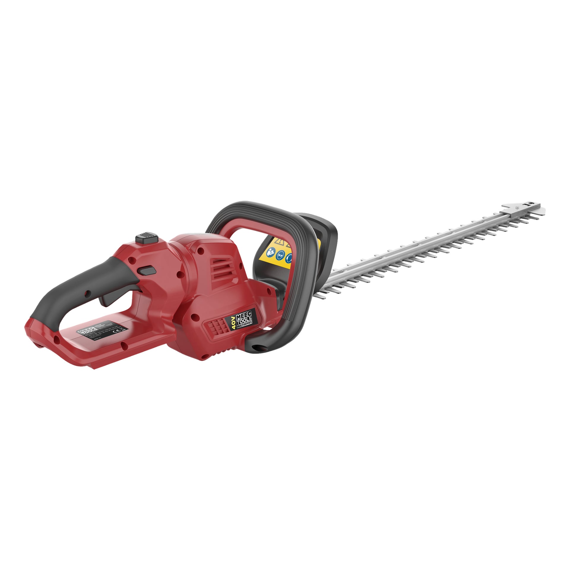 En röd och svart Meec Tools Multiseries 40 V batteri häcksax med långt silverblad, svart handtag, skyddsskydd, sidoetikett och synliga knappar.
