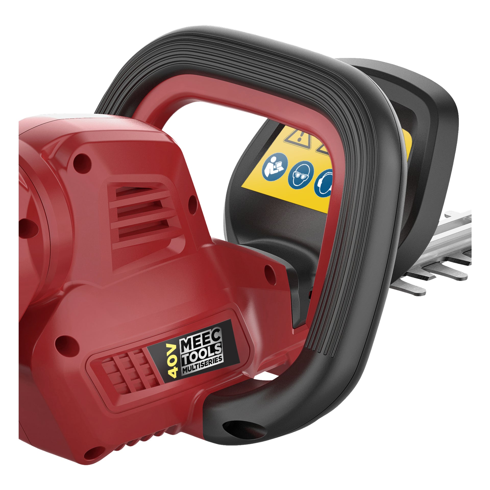 Närbild av en Meec Tools Multiseries 40 V batteridriven häcksax, som markerar det röda och svarta handtaget, en del av motorhuset samt flera säkerhets- och instruktionssymboler som visas på dess digitala skärm.