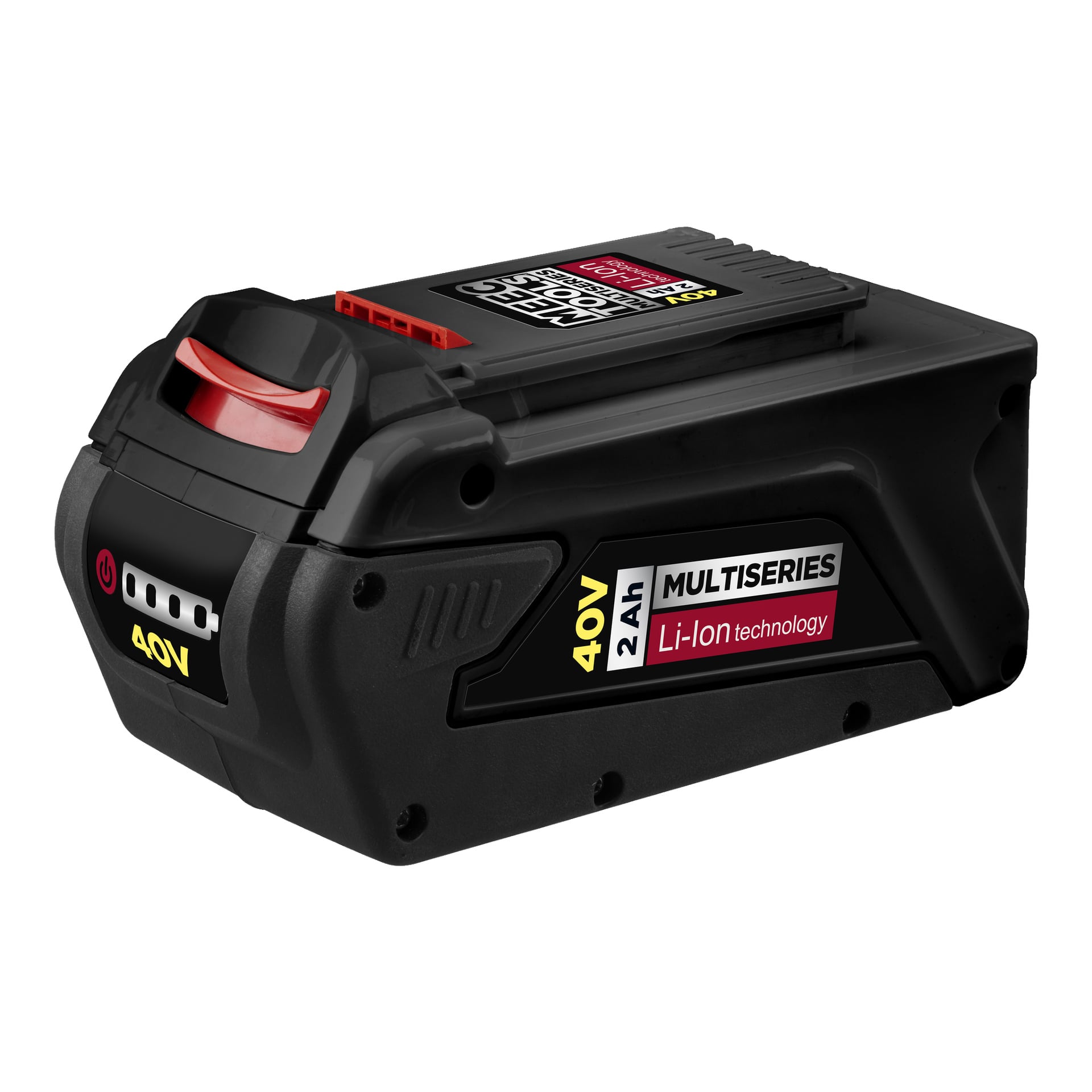 En svart Meec Tools Multiseries 40 V häcksax driven av ett 2Ah litiumjonbatteri, med en röd utlösarknapp och markeringar som indikerar Li-Ion-teknologi och MULTISERIES på sidan.