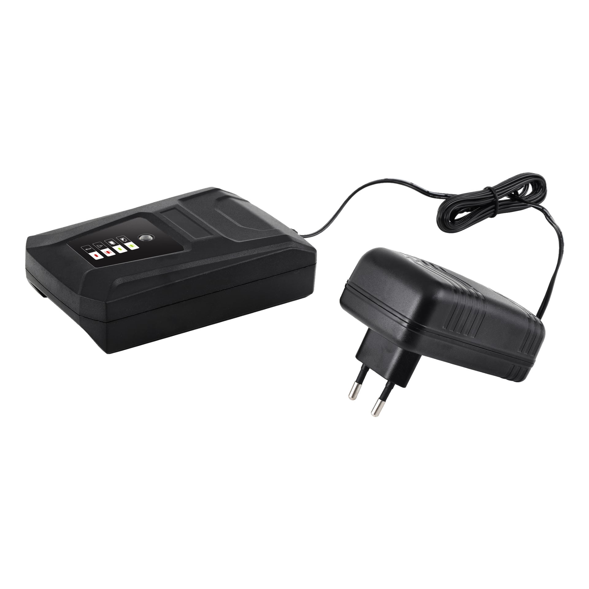 En Meec Tools Multiseries 40 V batteri-häcksax med kontrollknappar och indikatorlampor visas ansluten till en svart nätadapter med en tvåpolig kontakt, kabeln går mellan adaptern och verktyget.