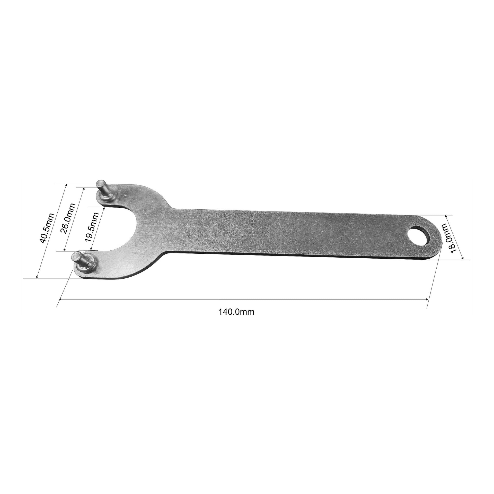 Meec Tools kroknyckel med ett platt handtag som har ett hål i ena änden och två stift på huvudet. Verktyget mäter 140,0 mm i längd, 40,5 mm i bredd, med ett handtagsbredd på 18,0 mm, huvudstorlek på 26,0 mm och stiftavstånd på 19,5 mm.