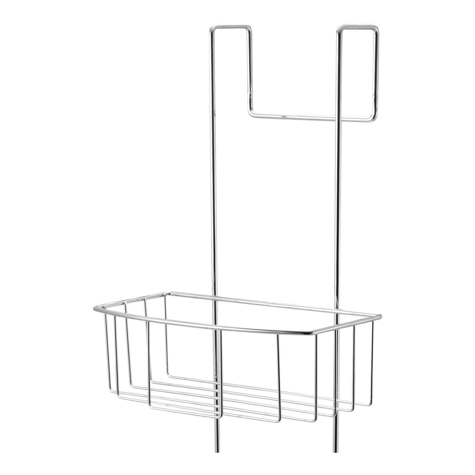 En metalltrådad EKVIP duschhylla med en rektangulär korg och två krokar, designad att hänga på en duschdörr eller räcka. Den har en öppen, minimalistisk design och en glänsande kromfinish.