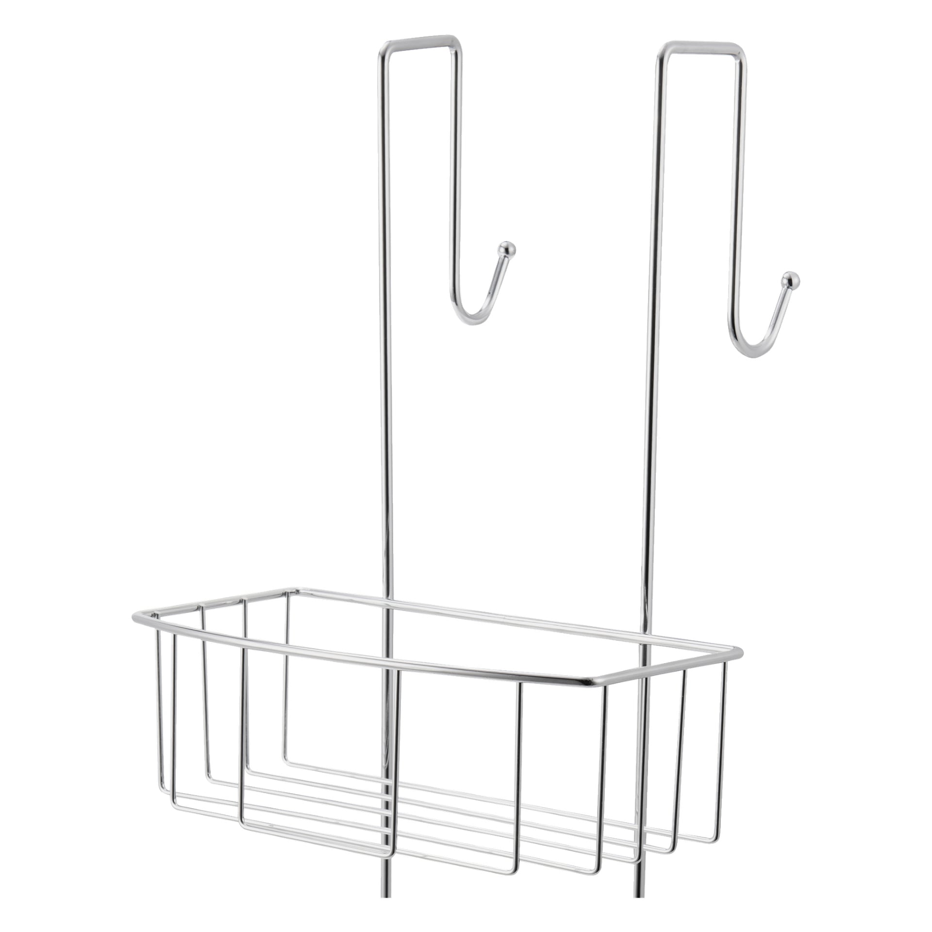 EKVIP Shower Shelf Unit är en slank duschkorg i metall med två krokar för upphängning, en rektangulär trådkorg för att organisera toalettartiklar och en minimalistisk kromdesign med öppna sidor för att främja snabb dränering.