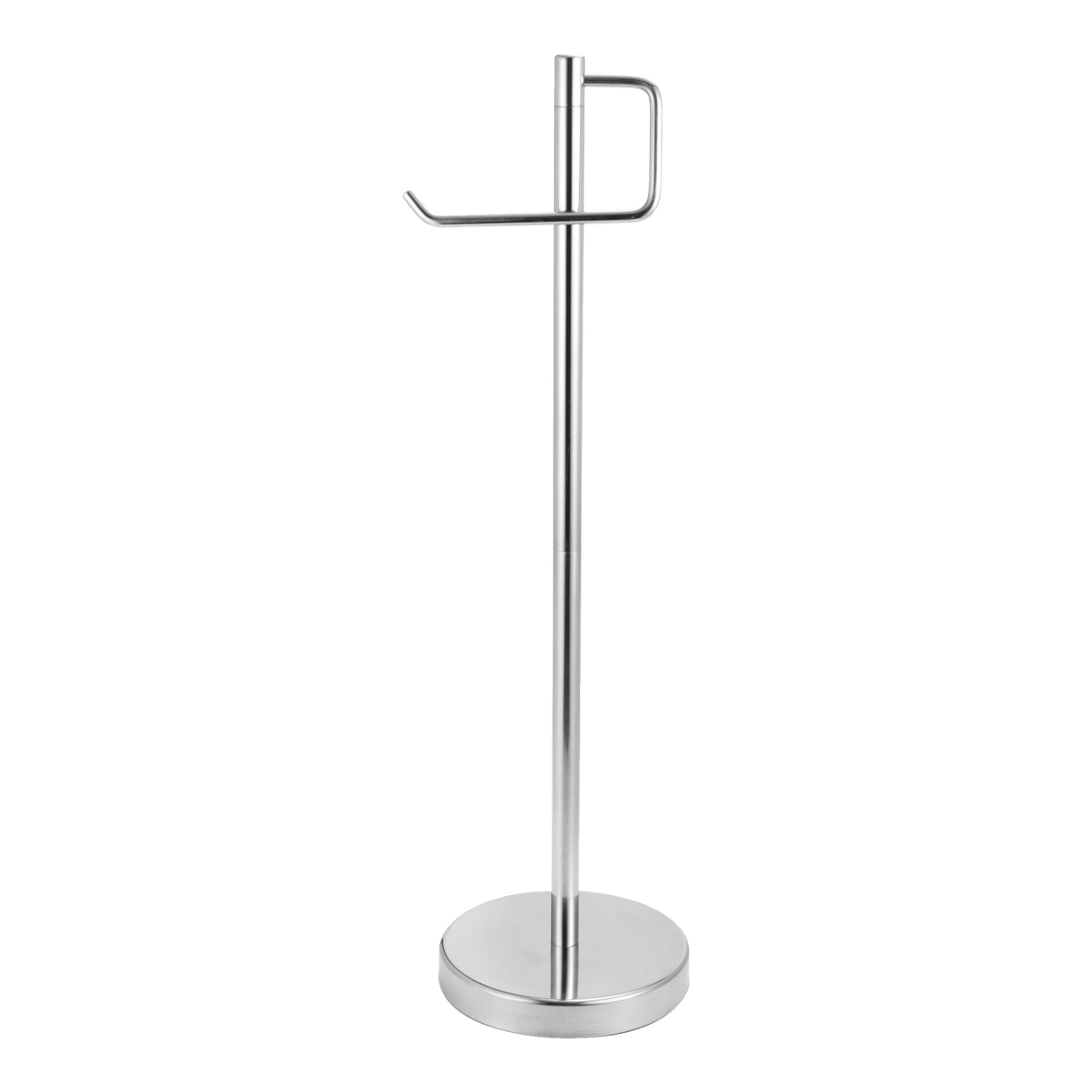 En minimalistisk EKVIP toalettpapirholder laget av rustfritt stål, med en sirkulær base og en oppreist stang med en sidearm designet for å holde og dispensere toalettruller pent.