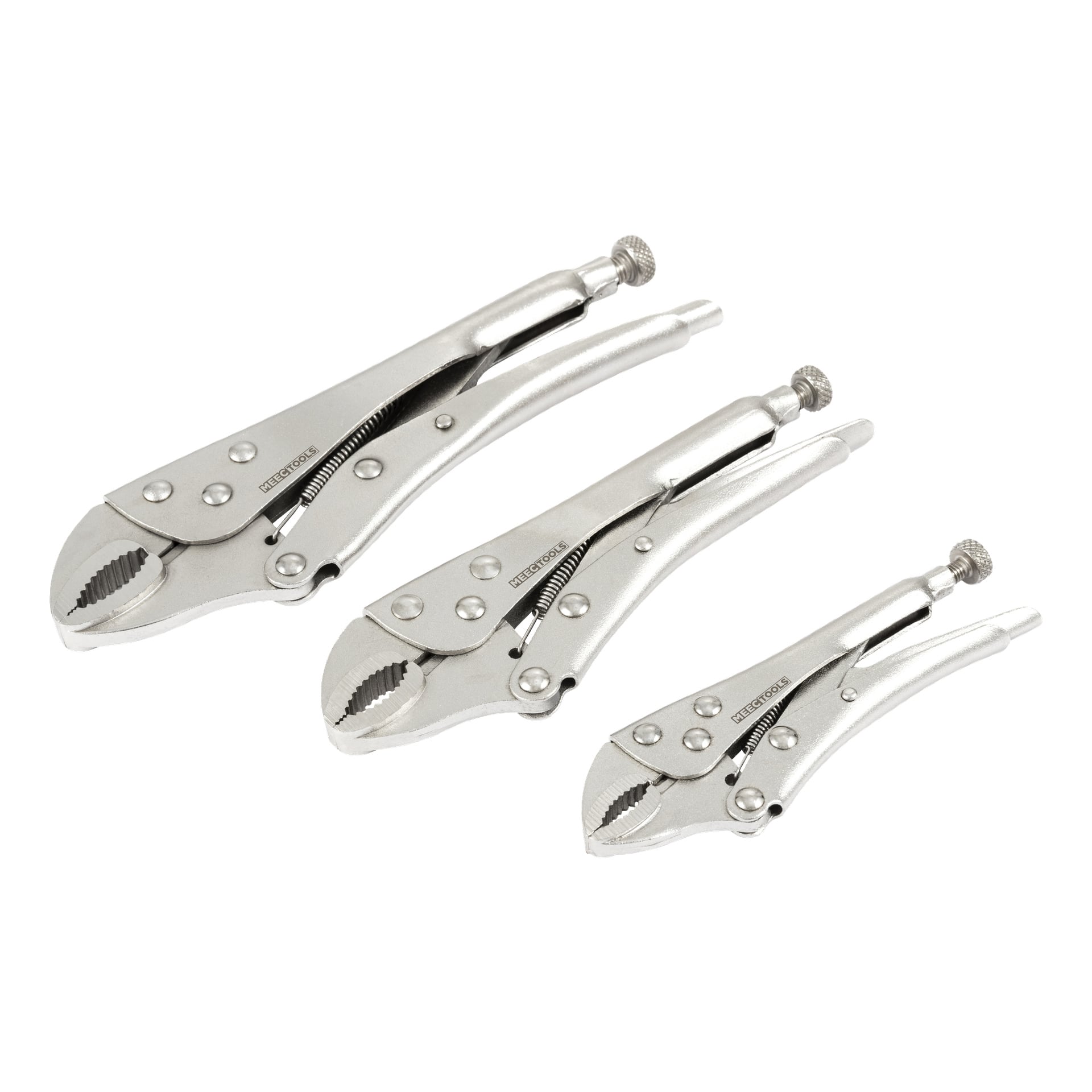 Tre Meec Tools svetstånger i olika storlekar är placerade sida vid sida, vilket visar deras blanka metallfinish och justeringsskruvarna i handtagets ändar.