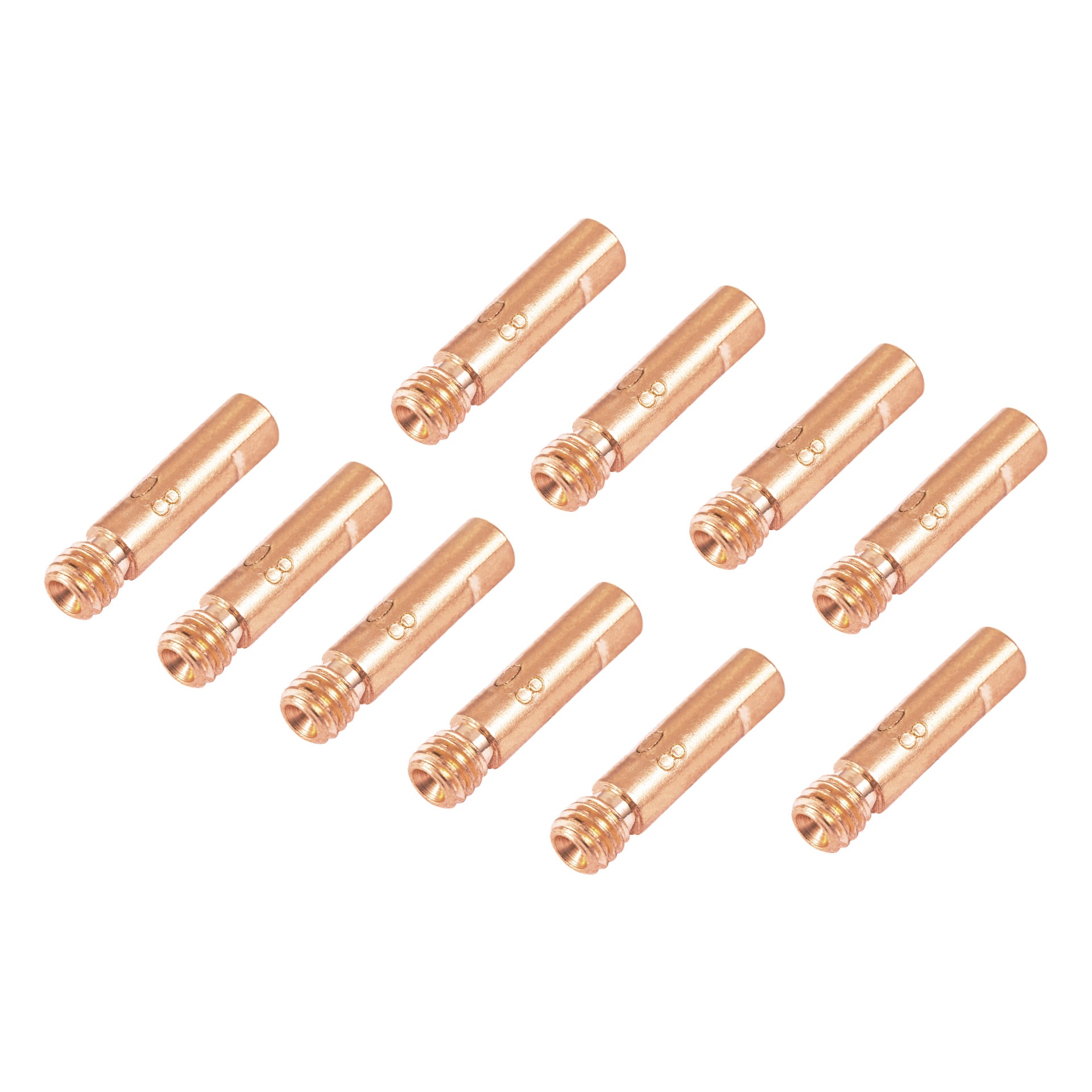 Tio Meec Tools Kontakttips 10-pack kopparsvetssningsspetsar är prydligt arrangerade, var och en placerad för att visa gängade ändar.