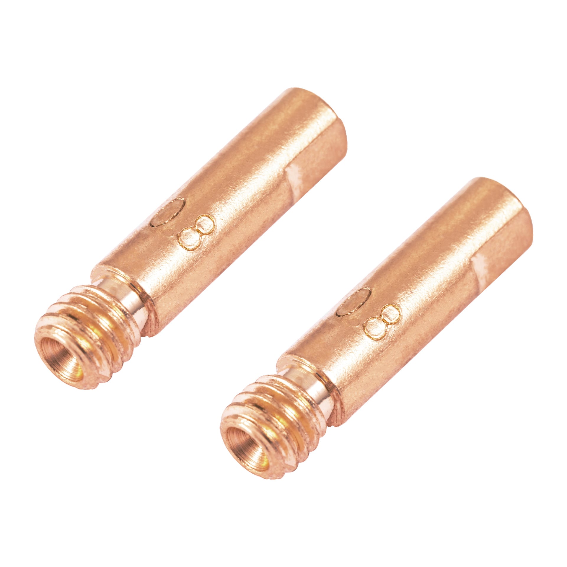 Ett par kopparfärgade cylindriska metallkontaktspetsar från Meec Tools, var och en med gängad ände och slät axel, visas.