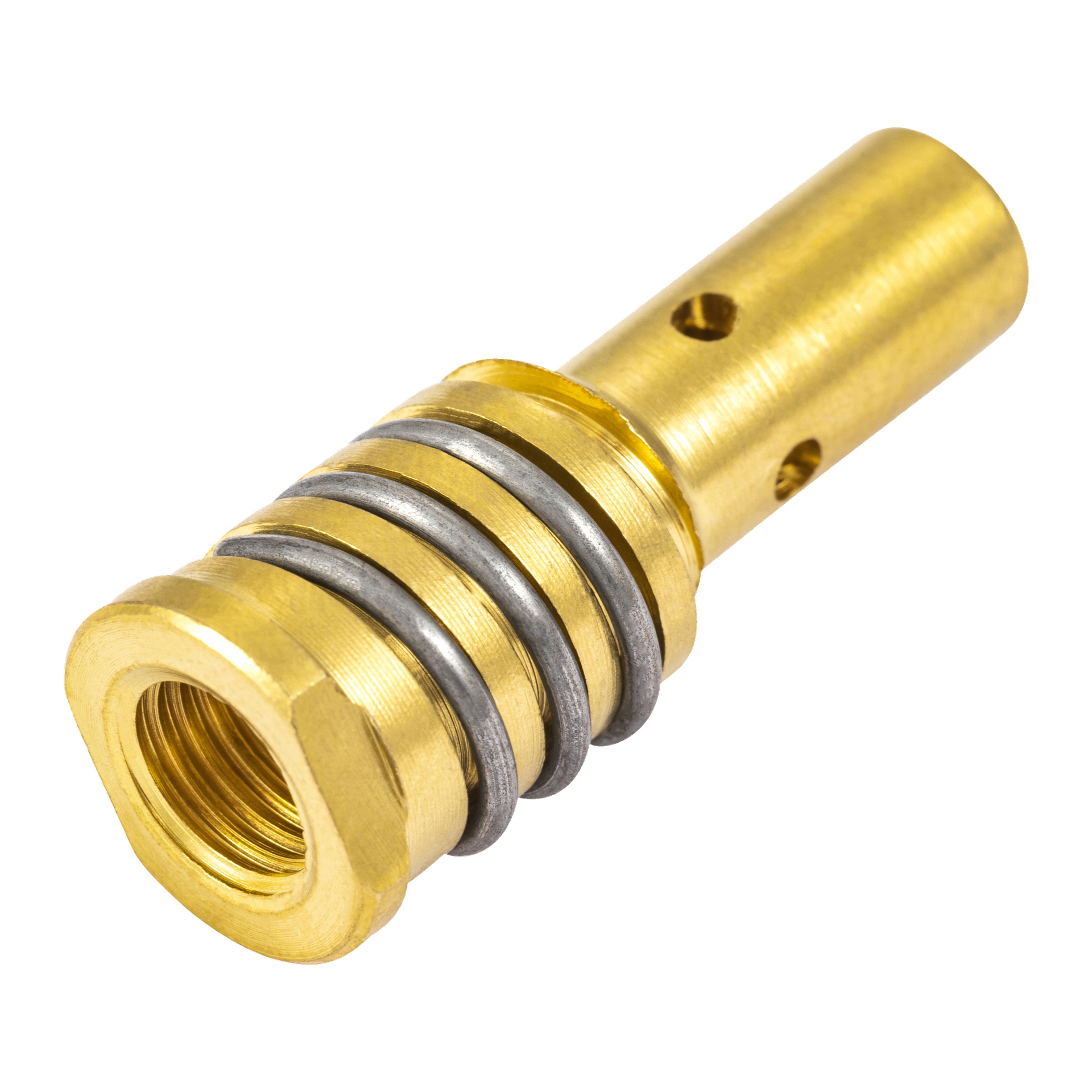 En detaljerad bild av en Meec Tools kontakttipphållare visar dess cylindriska mässingsform, gängad i ena änden, med tre gummi-O-ringar placerade i spårade sektioner och två små hål längs sidan.