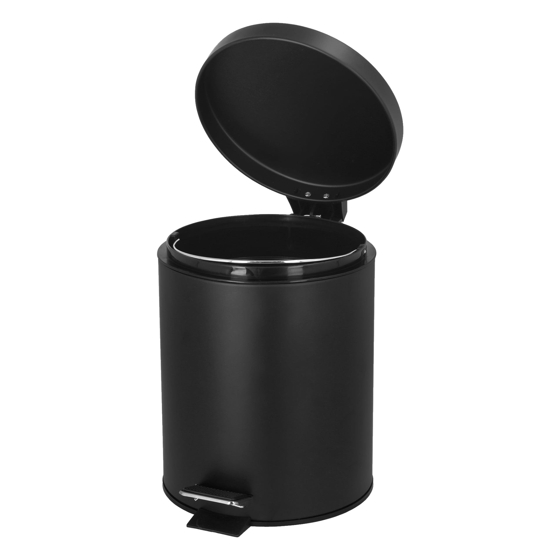En svart EKVAP-pedallåda med en slank cylindrisk form och öppet lock. Den har en metallpedal längst ner för handsfree-användning, som visar den inre behållaren inuti huvudbehållaren.