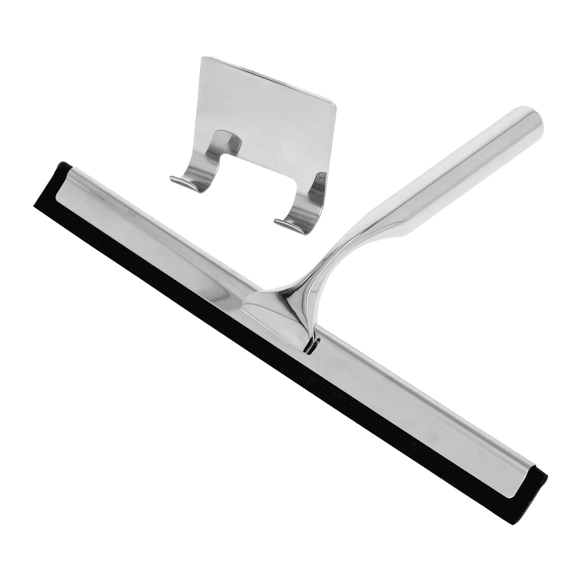 EKVIP Shower Squeegee med svart gummiblad och metallhandtag visas bredvid dess matchande metallväggfäste.