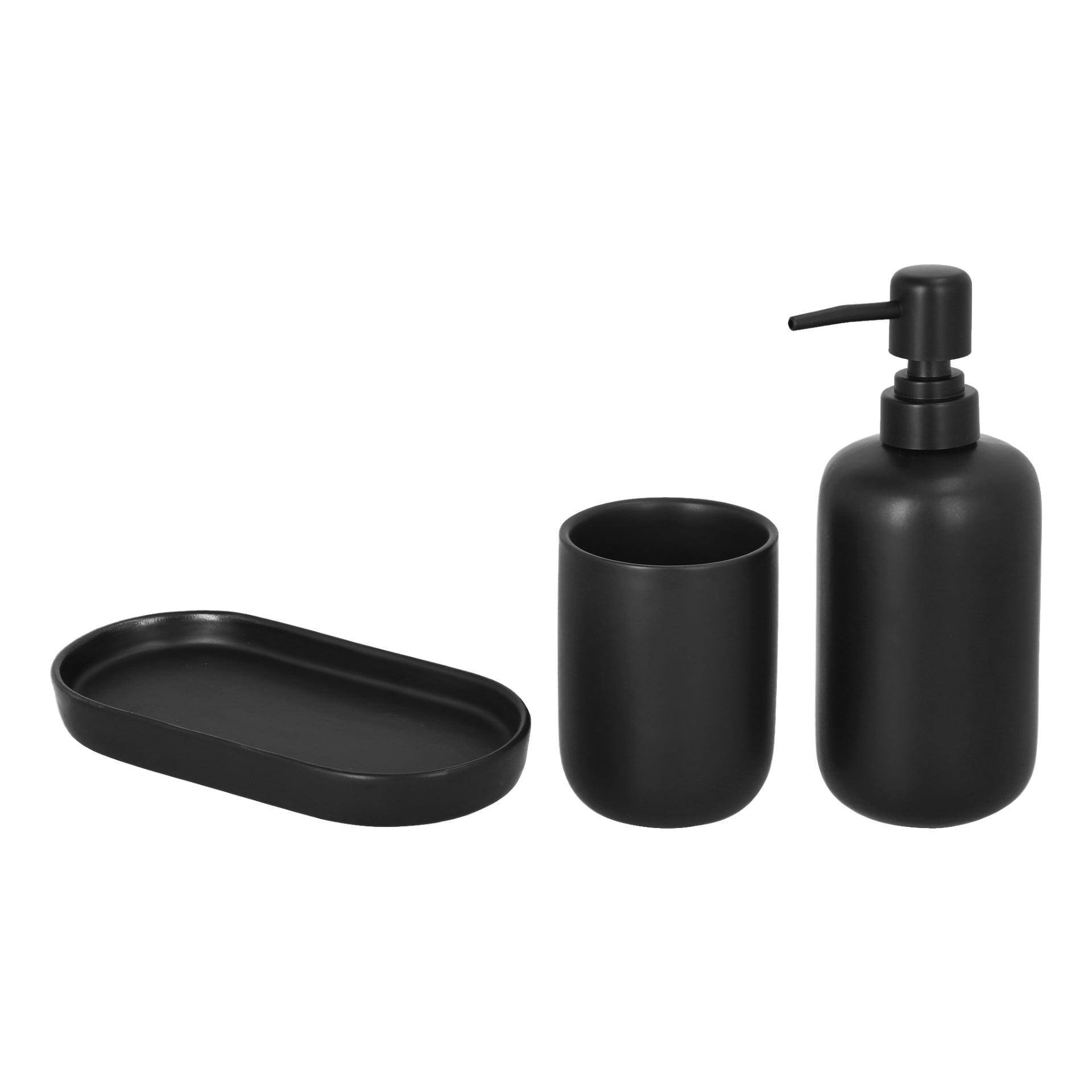 EKVIP Soap Dispenser Set 3 Pieces innehåller en matt svart oval tvålskål, en cylindrisk tandborstehållare och en pumptvåldispenser.