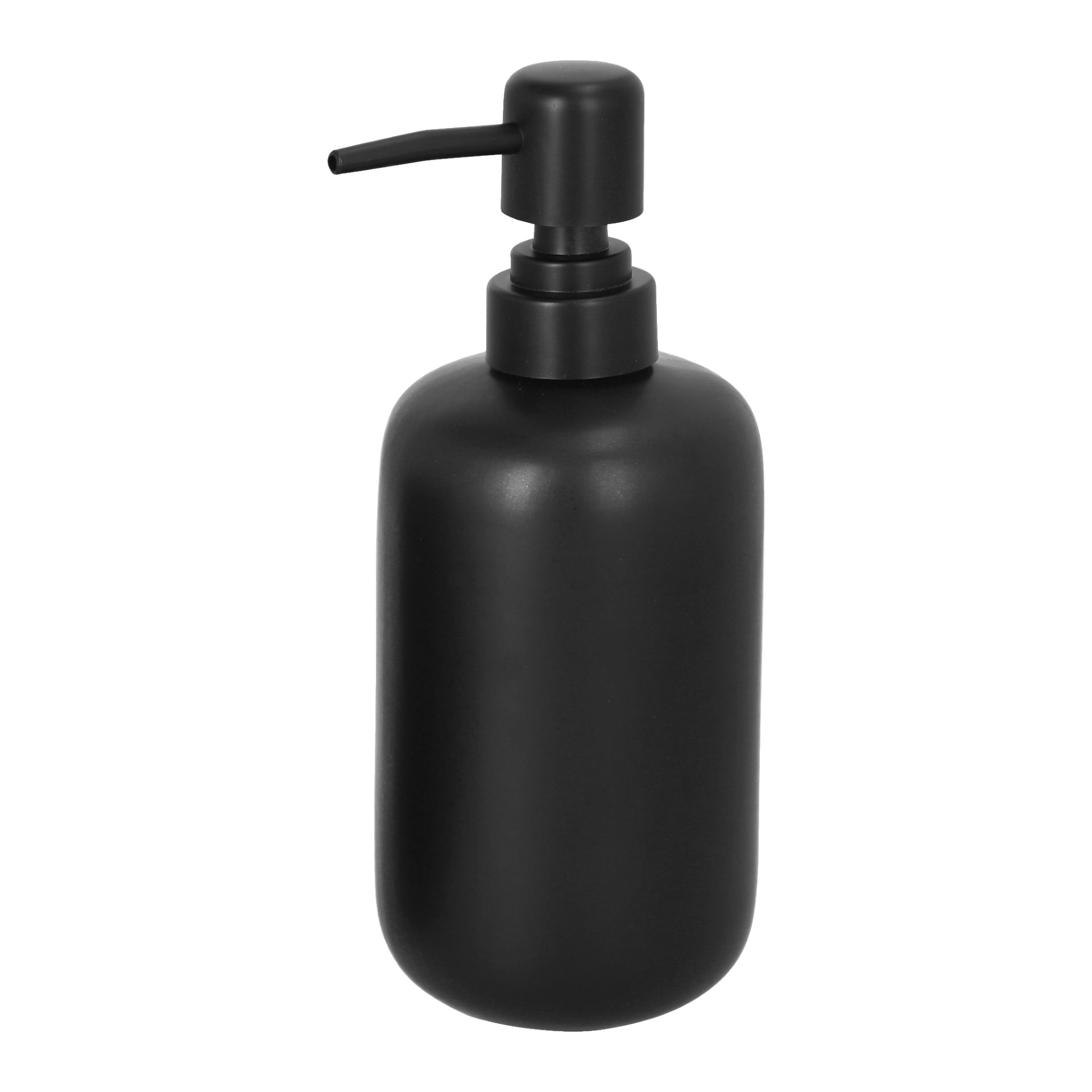 En matt svart cylindrisk EKVAP tvåldispenser med en koordinerad pumplock, en del av Soap Dispenser Set 3 Pieces.