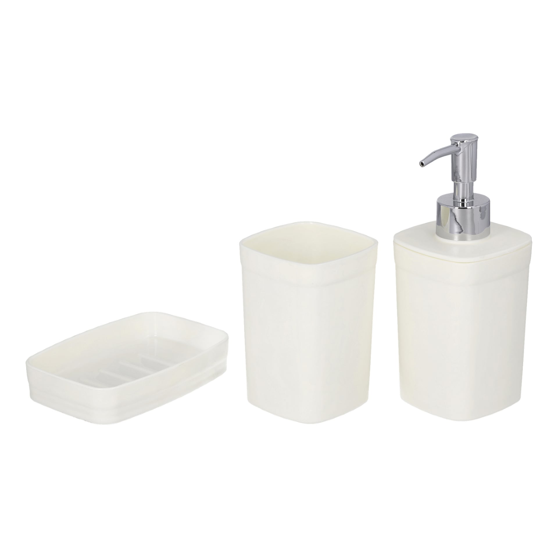 Tre vita badrumstillbehör från EKVIP Soap Dispenser Set visas sida vid sida: en rektangulär tvålskål, en tumbler eller tandborsthållare och en flytande tvåldispenser med en silverpump.