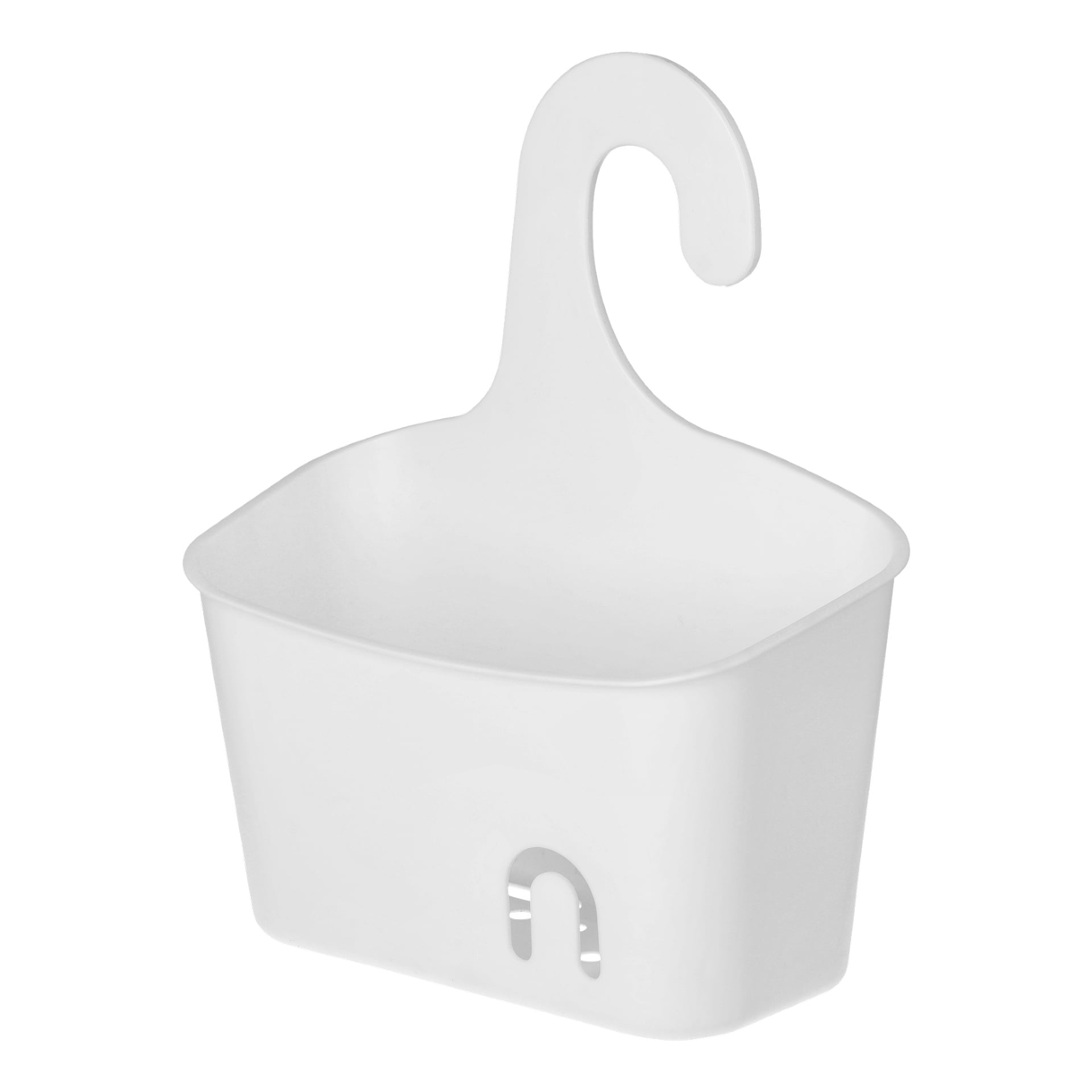 EKVIP Shower Basket är en vit plastkorg med hängkrok, öppen toppdesign och en liten utskärning längst fram.