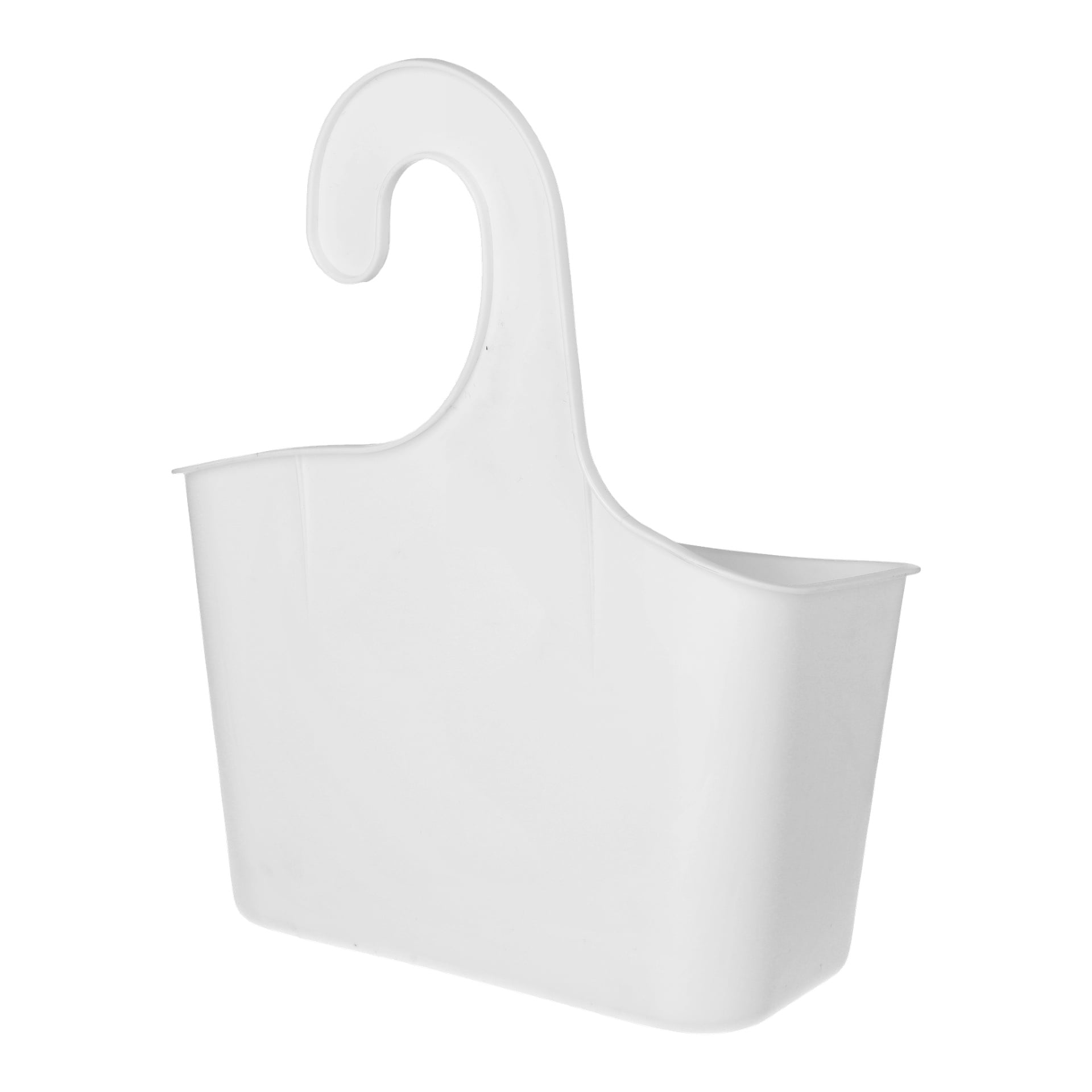 En vit plastduschkorg i EKVIP med en stor krok designad att hänga från en stång eller stång. Korgen har en slät, rektangulär form och minimalistisk stil.