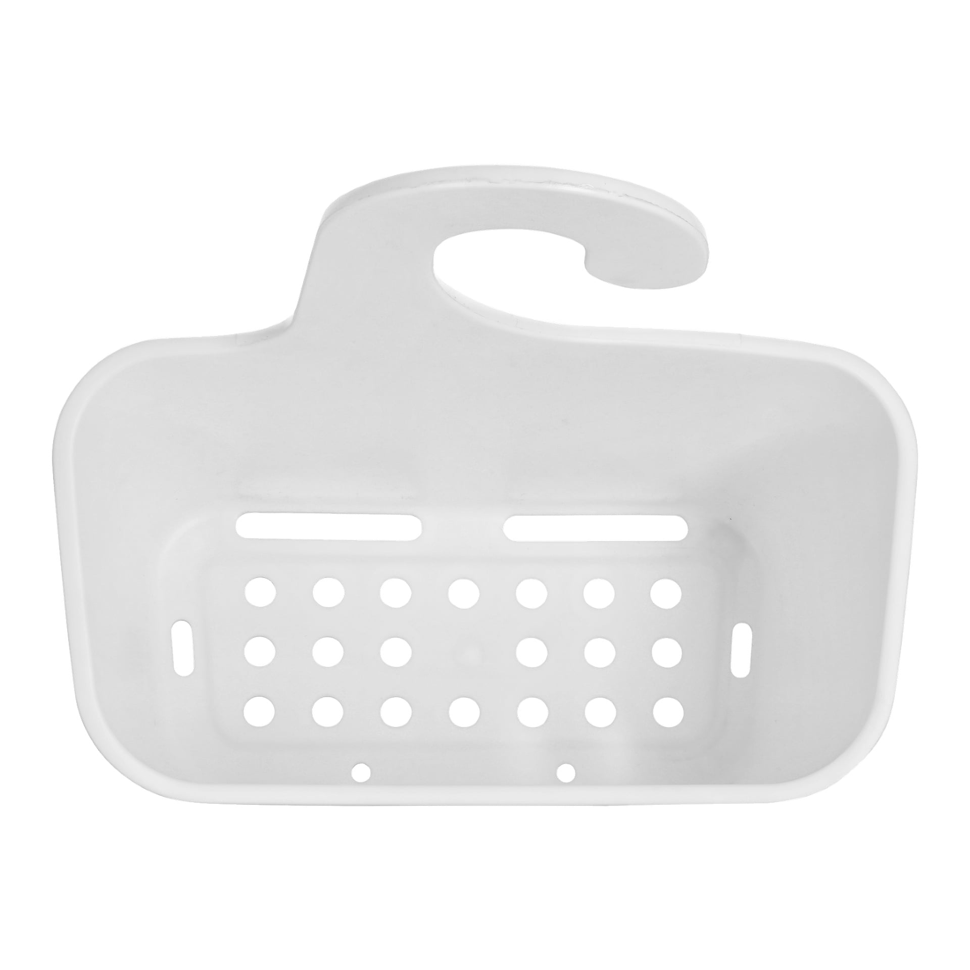 En vit EKVAP duschkorg gjord av plast, designad med en hängkrok och flera dräneringshål i botten.
