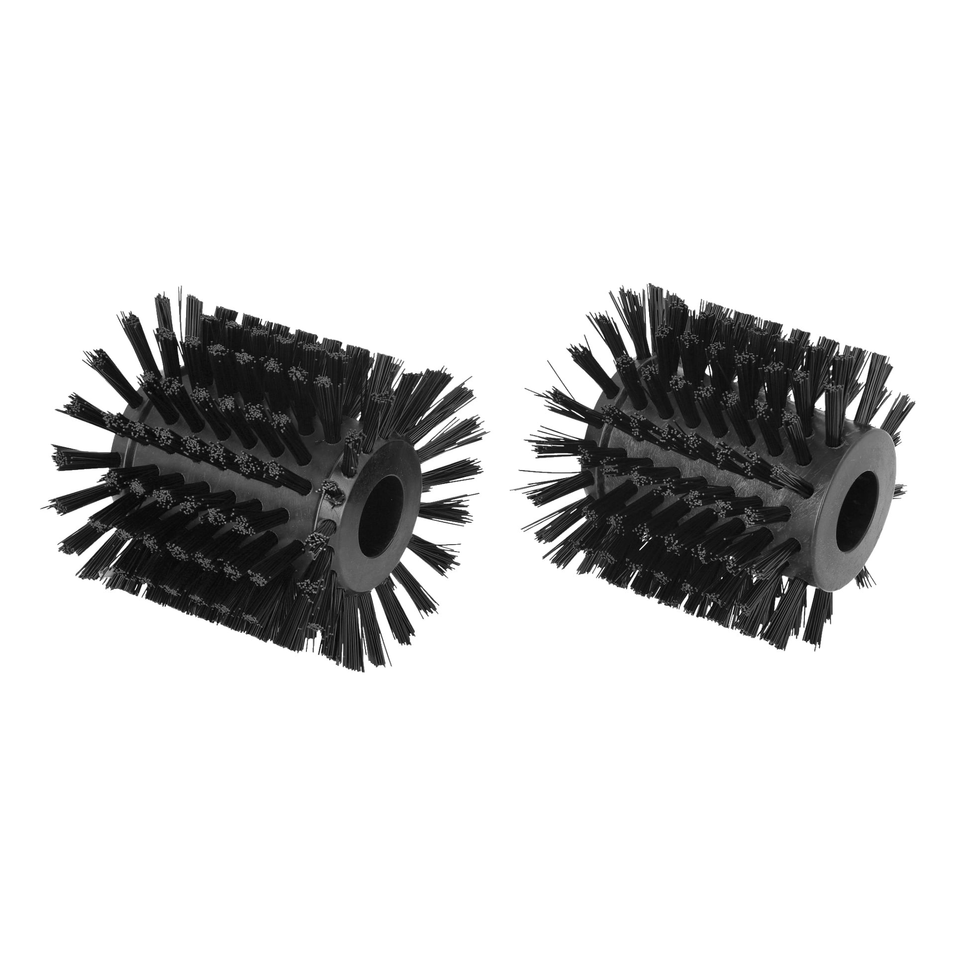 Två cylindriska svarta tvättborstar för uteplatsrengörare från Meec Tools, var och en utrustad med styva borst och ett ihåligt centrum, visas som ett 2-pack set. Borstrullarna är placerade i något olika vinklar.