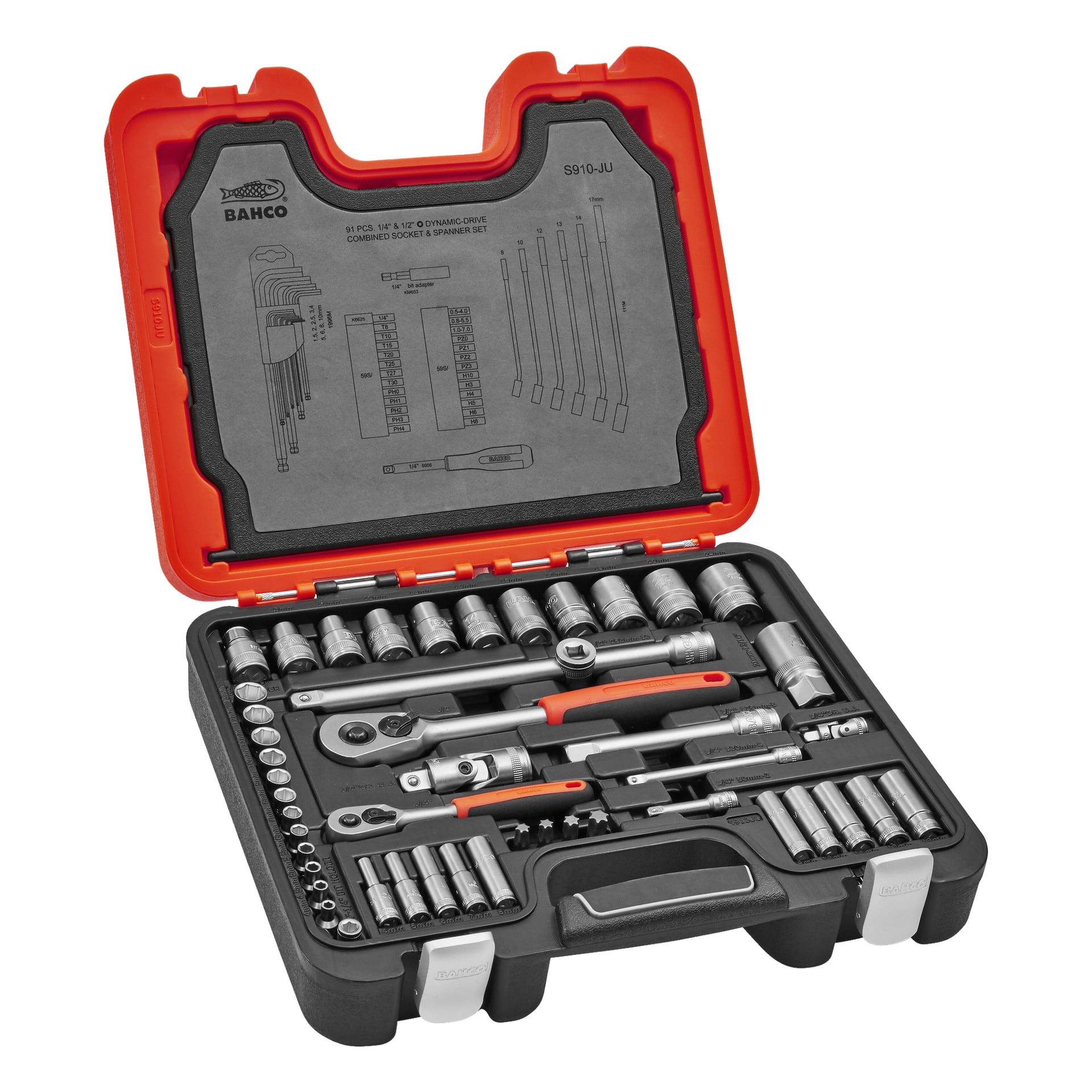 Bahco Socket Wrench Set S910-JU, joka sisältää 91 kappaletta, on esitetty avoimessa musta-oranssissa kotelossa. Hylsyt, räikkät, jakoavaimet ja jatkeet on järjestetty järjestelmällisesti räätälöityihin koloihin. Kannen sisäpuolella on kuvitettu opas.