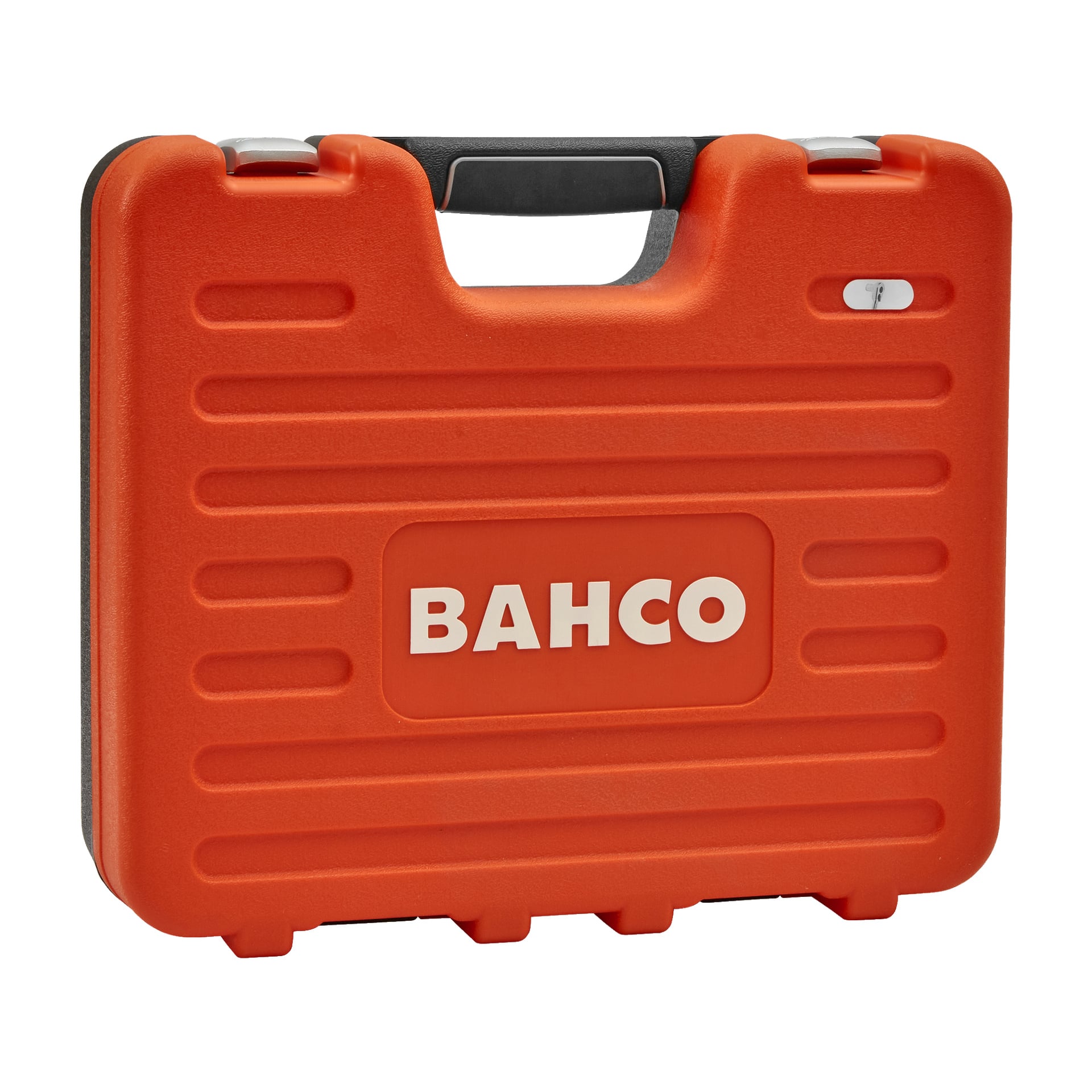 Tukeva oranssi muovinen kantolaukku, jossa on uurteinen kuvio ja musta kahva, jossa Bahcon logo on valkoinen edessä, on tarkoitettu 91-osaisen Socket Wrench Set S910-JU:n säilytykseen.