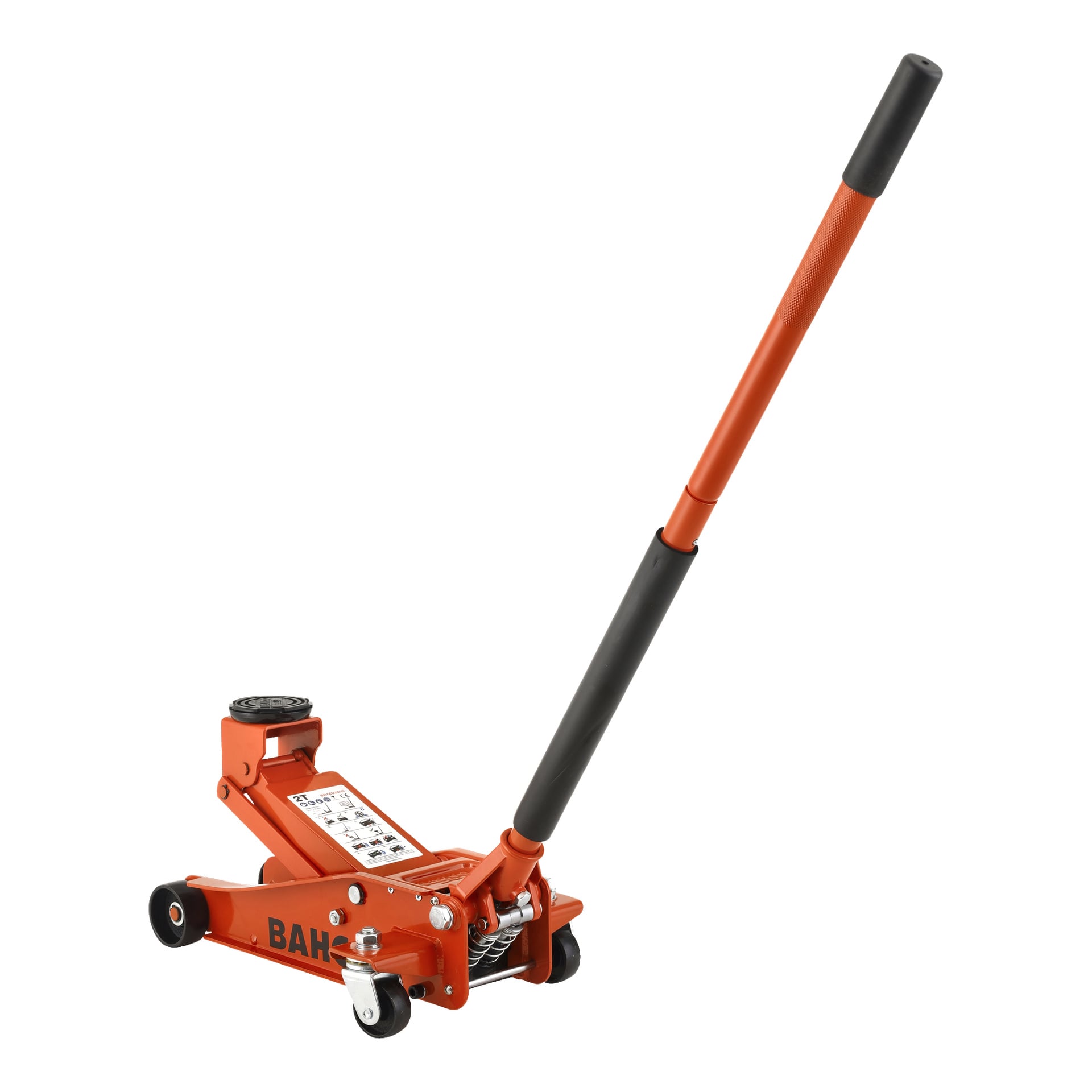 Bahco Garage-domkraft BH1EU2000 med en klarorange kaross, förlängt handtag med svarta handtag, svängbara hjulhjul och en topplyftplatta för att höja fordon under service eller reparationer.