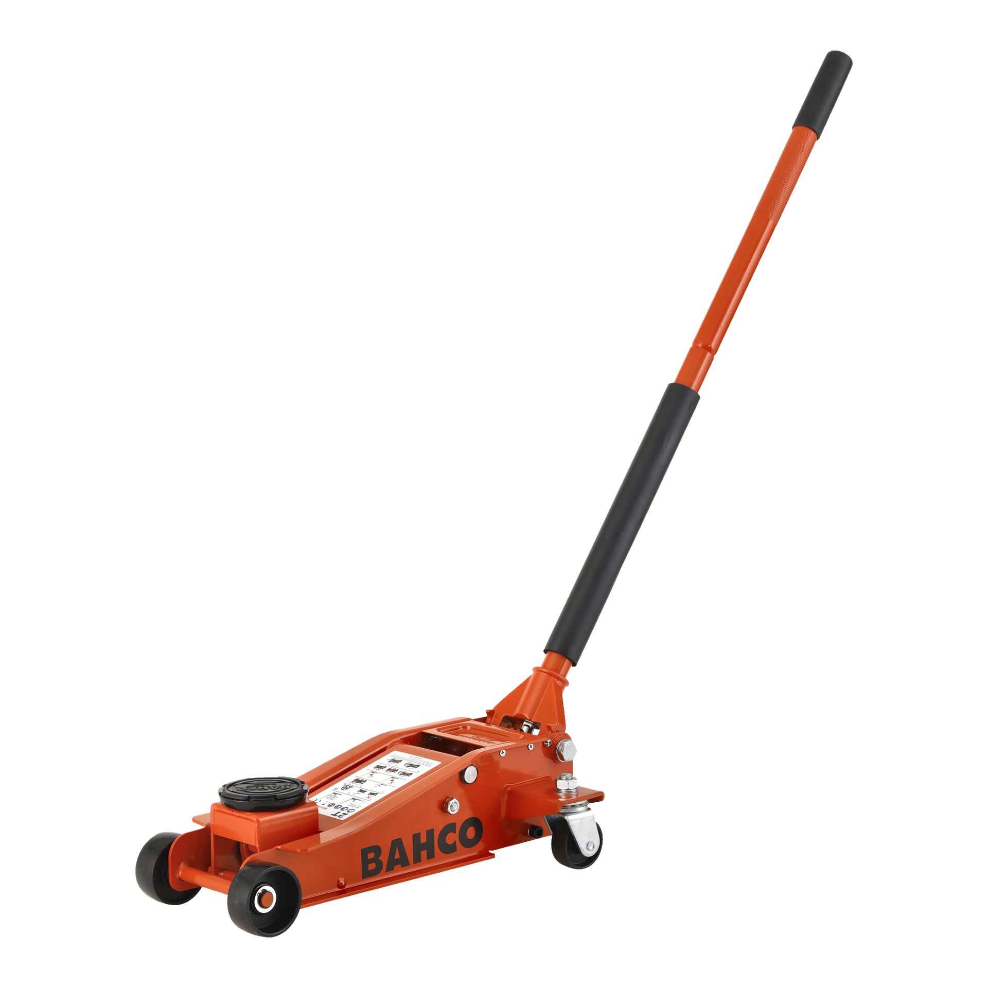 En orange Bahco BH1EU2000 garagedomkraft med ett långt handtag i svart och orange, fyra svarta hjul och en cirkulär lyftplatta. Sidan av domkraften visar Bahcos logotyp.