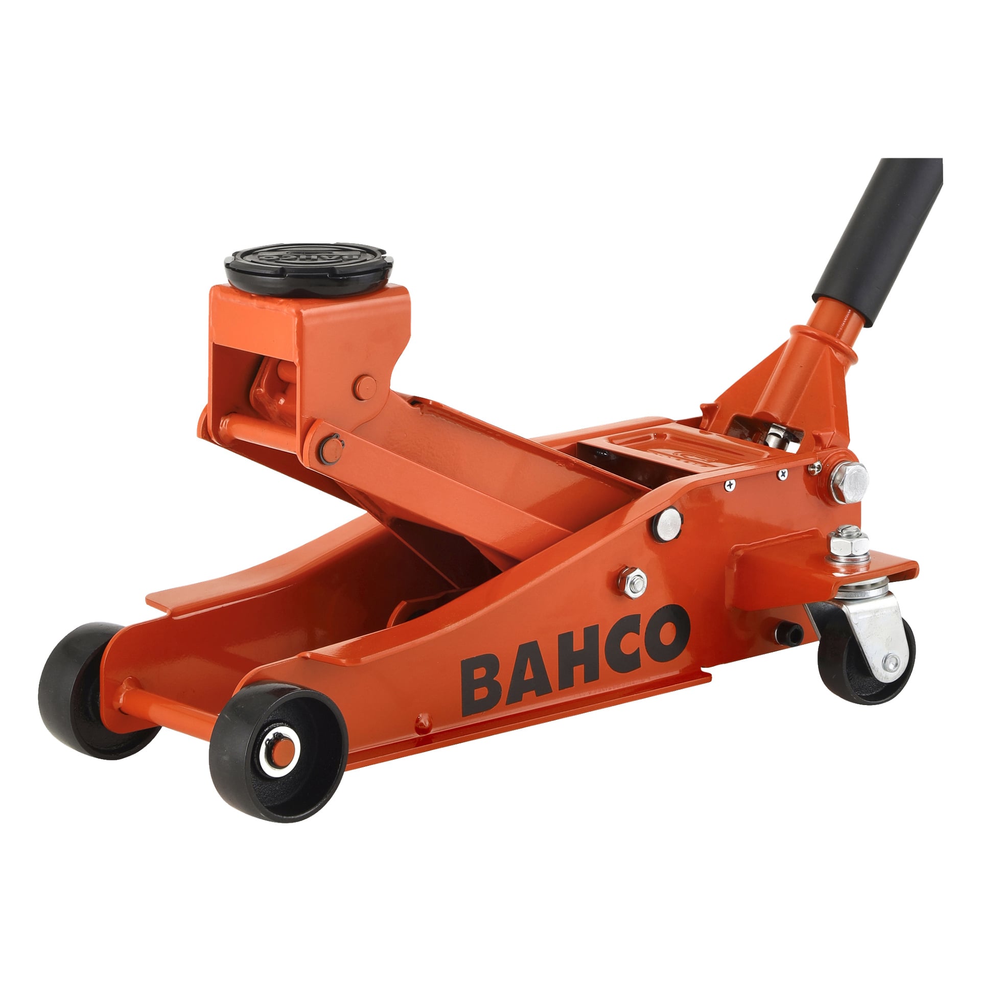 En röd Bahco Garage Jack BH1EU2000 med svarta hjul och svart handtag, avsedd för fordonlyft under reparationer eller underhåll. Sidan visar Bahco-varumärket i svart.