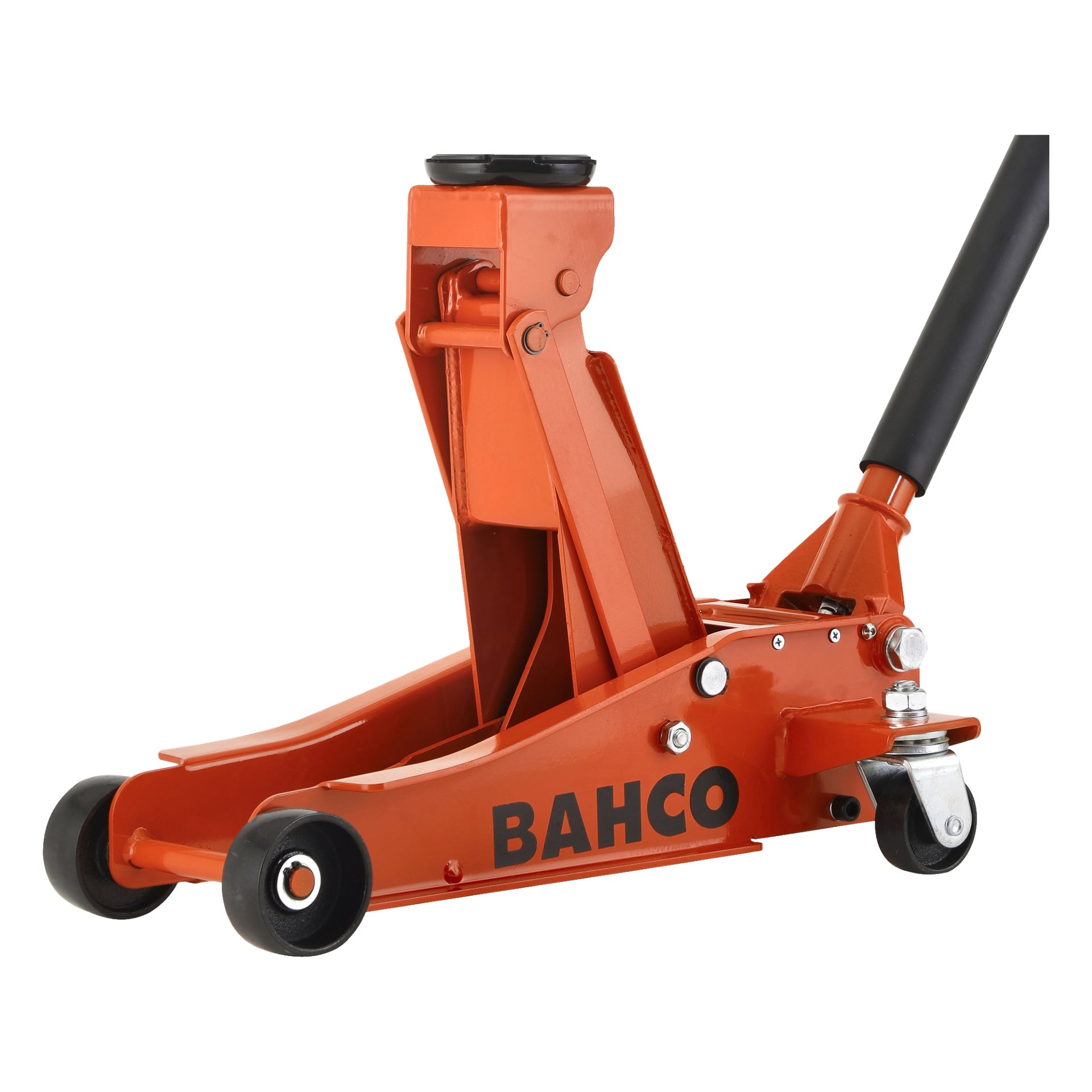 Bahco Garage Jack BH1EU2000 är en röd hydraulisk domkraft med svarta hjul och ett handtag, gjord för att lyfta fordon.