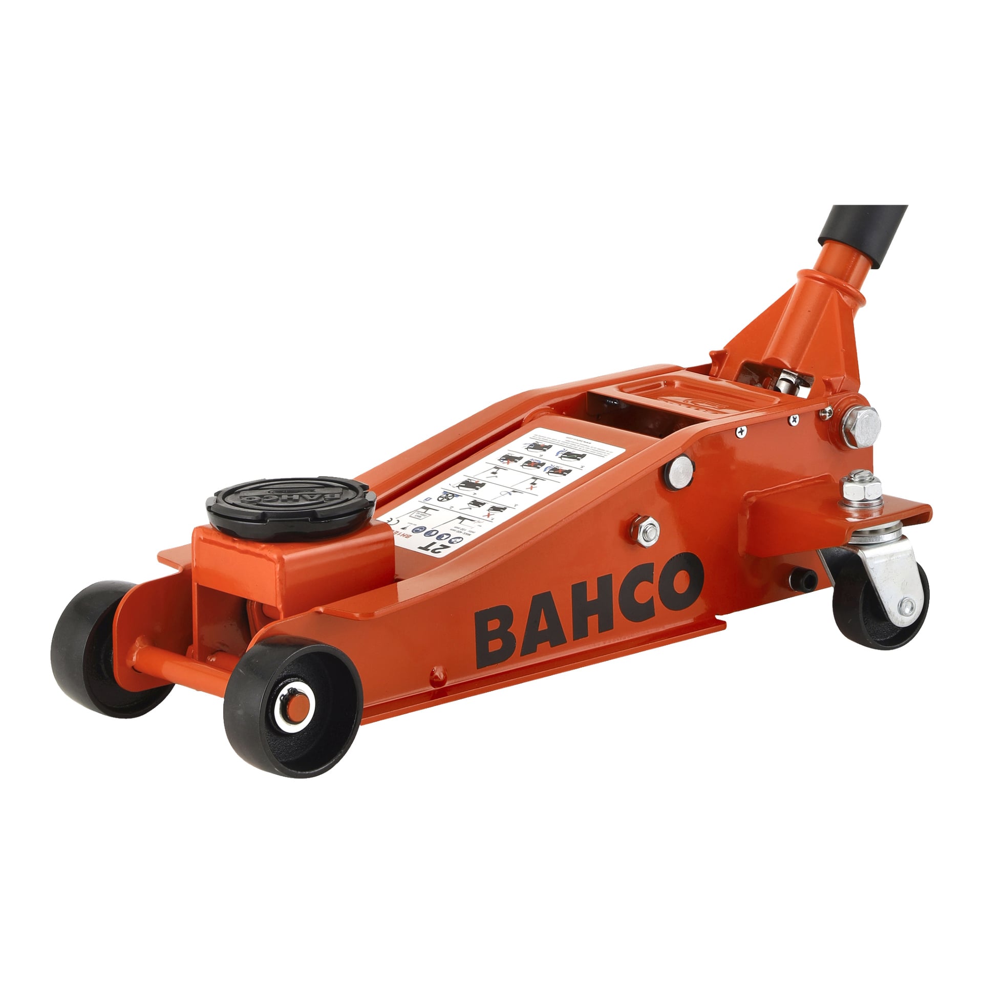 En röd Bahco Garage-domkraft BH1EU2000 med svarta hjul och en svart lyftplatta.